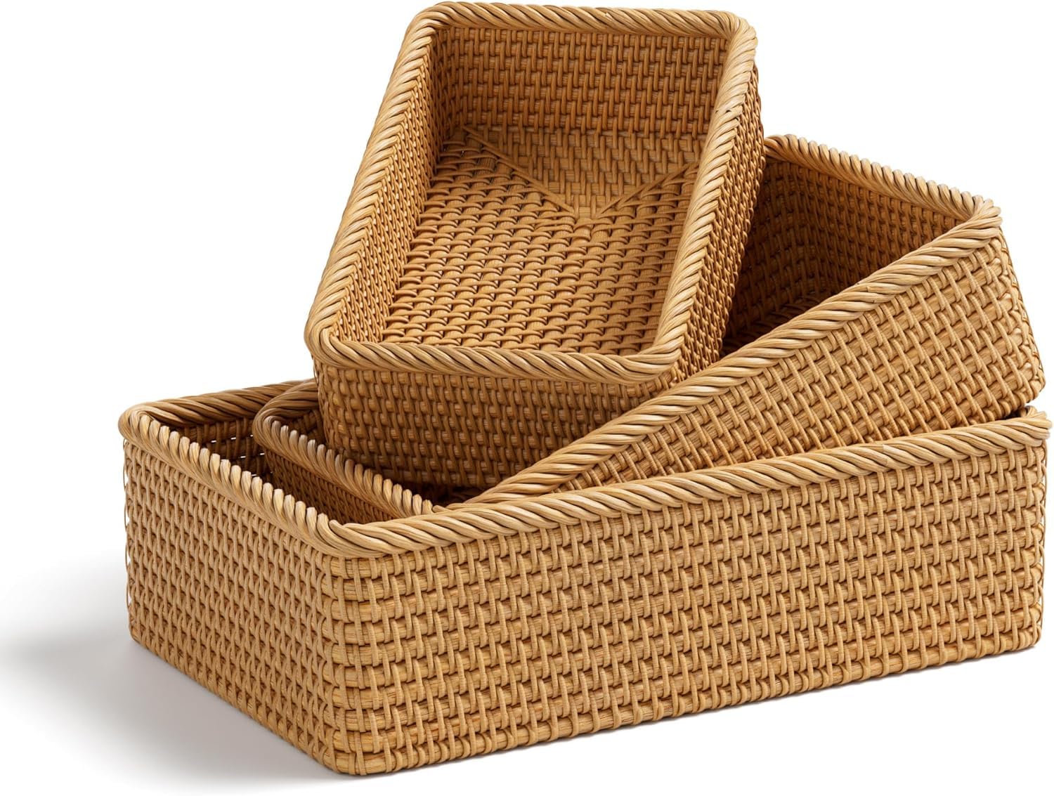 CYTGOUPER Rectangular Rattan Storage Basket, Decorative Shallow Wicker Box, Rustic Shallow Basket for Kitchen Home Organizing Serving (M)
