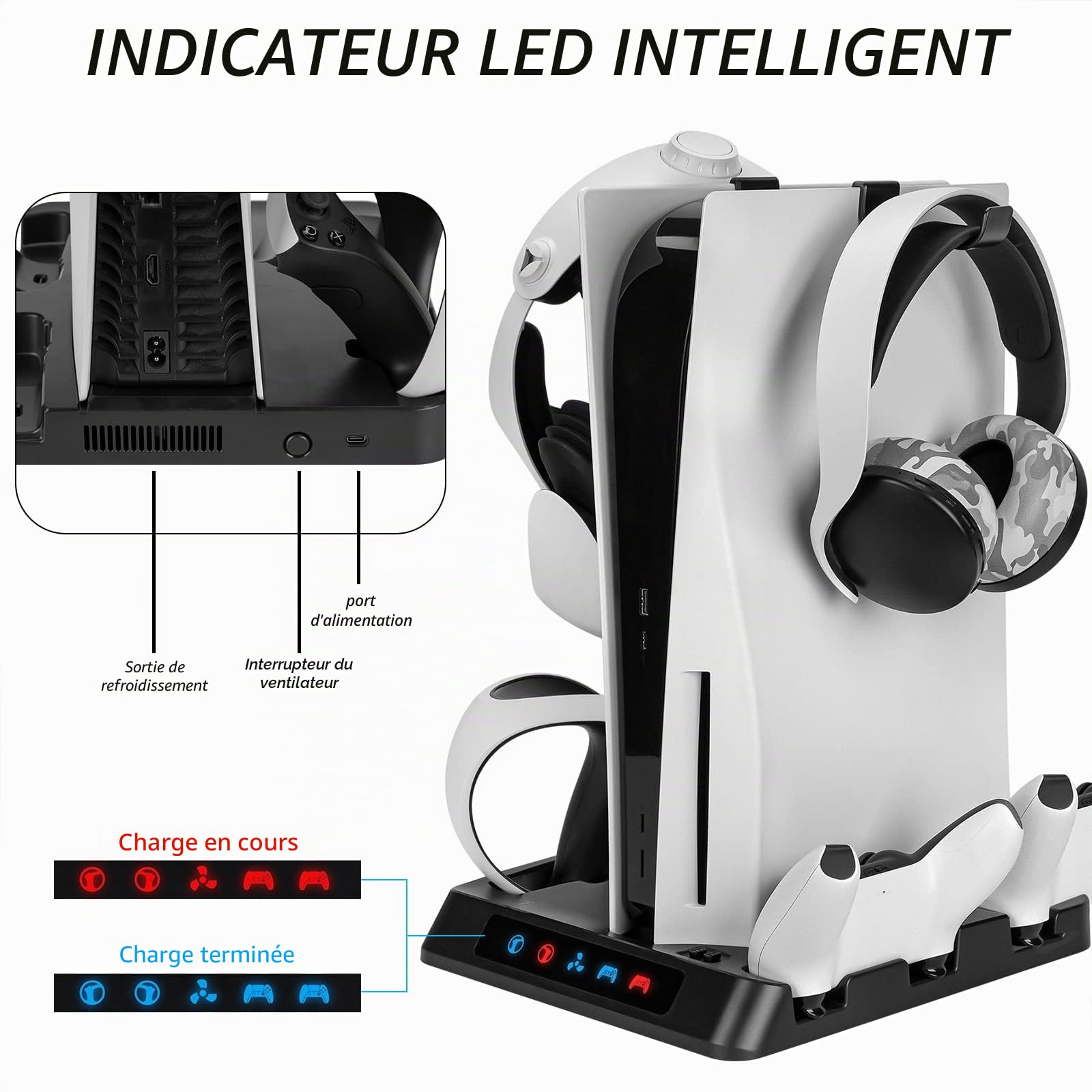 Geekria Station de charge compatible avec Sony PlayStation VR2, PS5, double manette de jeu, accessoires de jeu avec ventilateur de refroidissement hôte (noir)
