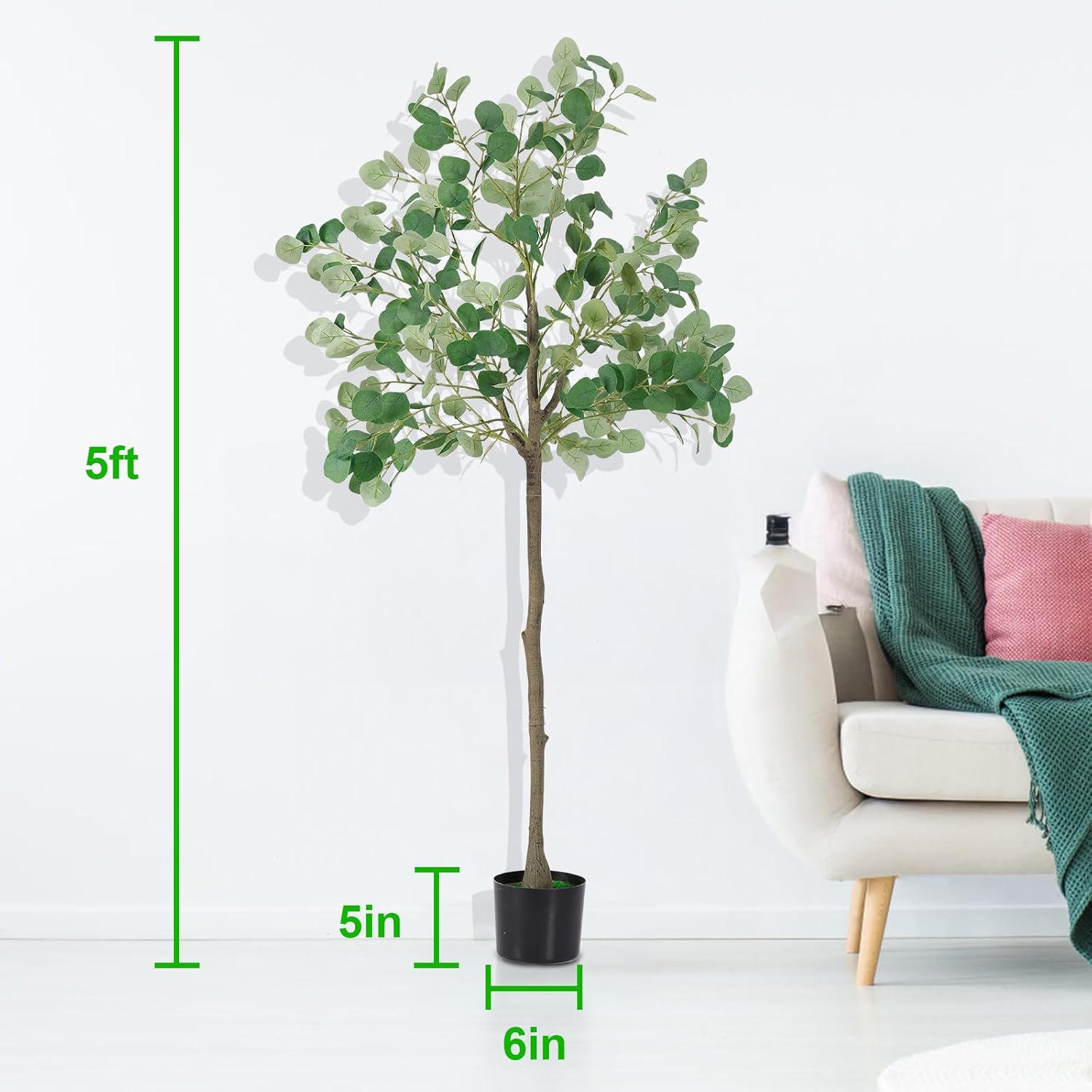Artificial Eucalyptus Tree,5Ft Tall Fake Potted Tree Faux Eucalyptus Tree with Plastic Nursery Pot, Artificial Plants for Home Office Indoor Decor