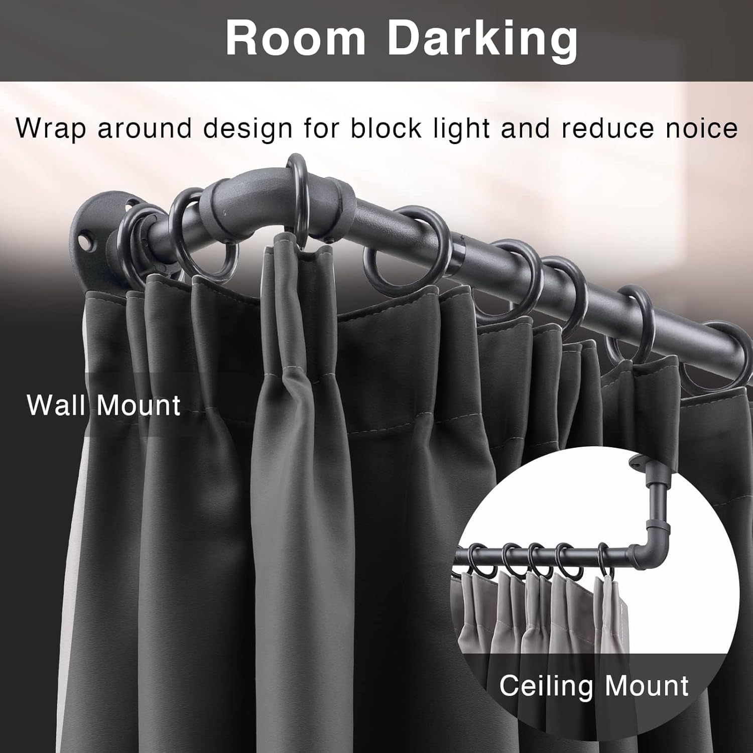 Industrial Curtain Rods - Matte Black Pipe Curtain Rod for Windows 48 to 100 inch - 1 Inch Heavy Duty Blackout Curtain Rod Set for Room Divider - Outdoor Rustic Wrap Around Curtain Rods for Patio