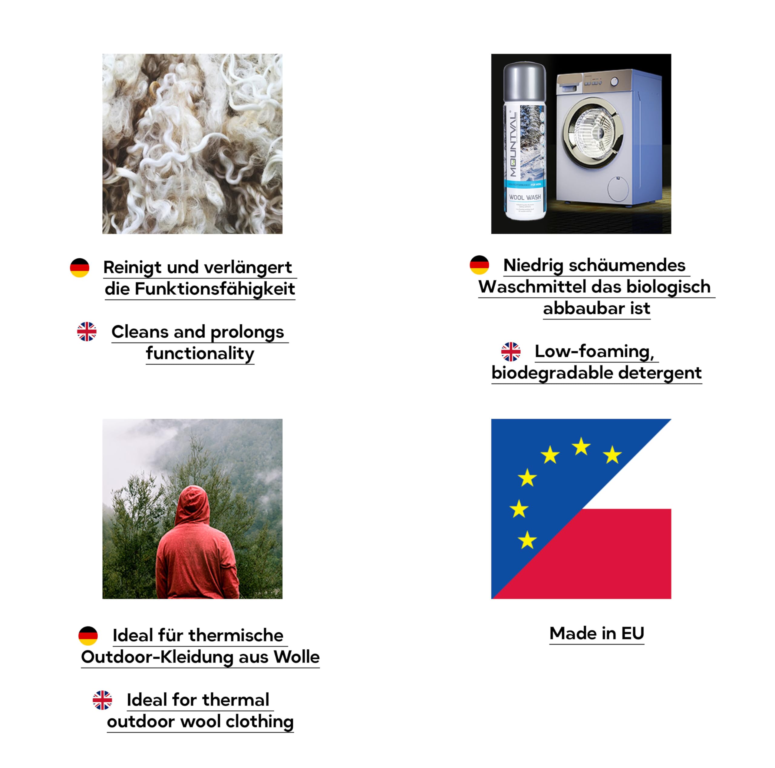 Mountval Wool Wash | Wodoodporny Detergent do Wełny Merino, Kaszmiru, Wełny, Angory i Mohairu | Do Swetrów, Skarpet, Czapek, Rękawiczek | Do Membrany Gore-Tex | Wszystkie Kolory Prania