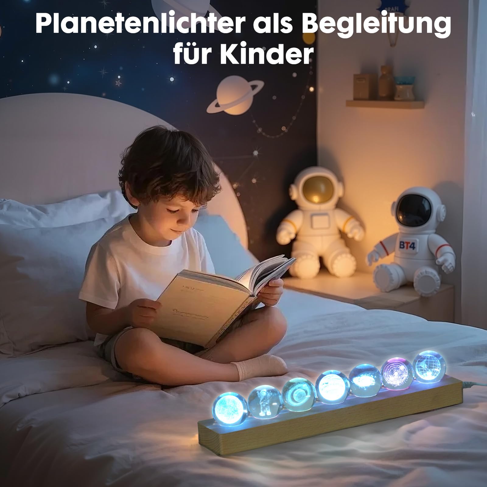 OXYEFEI Lámpara de planeta 3D, 7 patrones diferentes de bola de cristal, luz nocturna para decoración de habitaciones, bola de cristal de 40 mm con base de madera, regalo astronómico para madre, niños