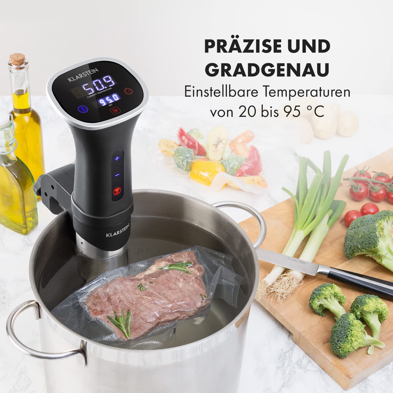 Klarstein Sous Vide Garer, Effizienter Sous Vide Stick, Sous-Vide-Garer, Sous Vide Garer Stick, 1200 W, 20-95°C, Timer, App-Steuerung, Touch-Display, 3D Circulation, 10-15 Liter, Edelstahl, Schwarz