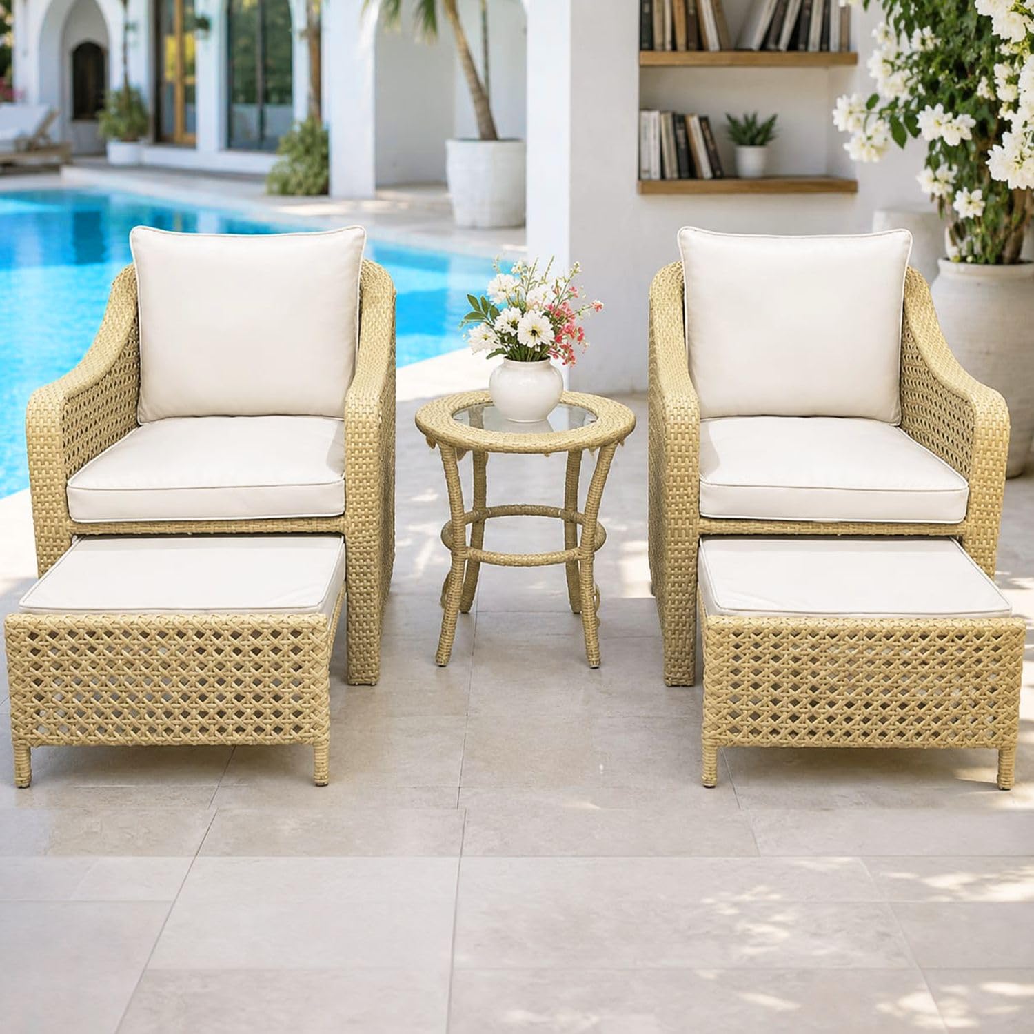 DEVOKO 5 Piece Outdoor Sofa Set All Weather Wicker Sectional Patio Furniture Set with Table and Ottoman Water Resistant Cushions for Outdoor, Indoor, Garden, Pool (Honey and White)