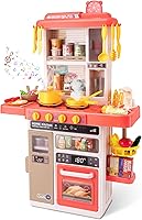 POFJOEQ Interactive Kids Kitchen Play Set with 50pcs Pretend Toys, Realistic Sounds & Water Circulation - Pink Toddler Kitchen Ages 3-5