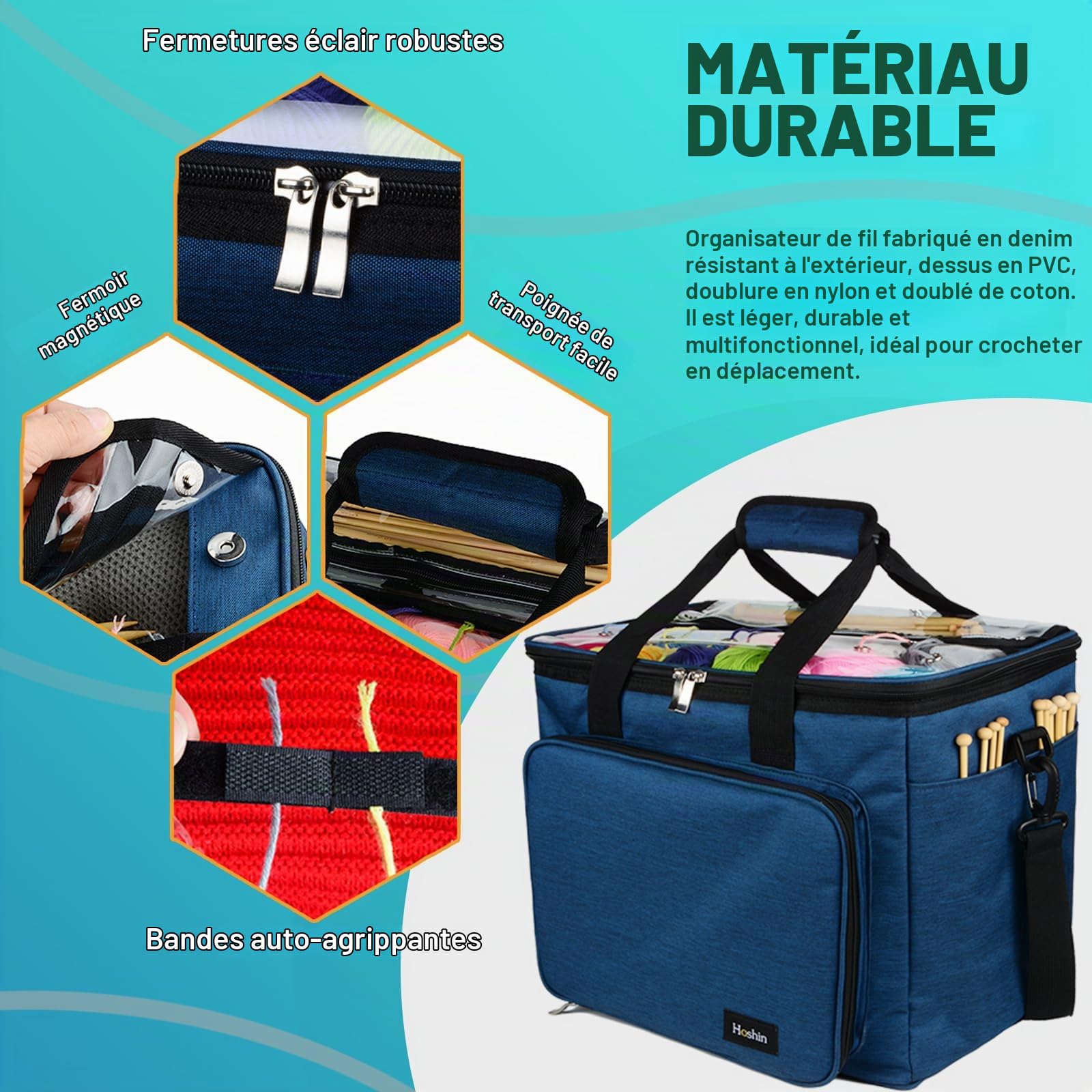 Sac Tricot, Honshin Sac à Tricot Rangement Portable pour Transporter un Projet, des Aiguilles à Tricoter, Crochets et Pelotes de Laine