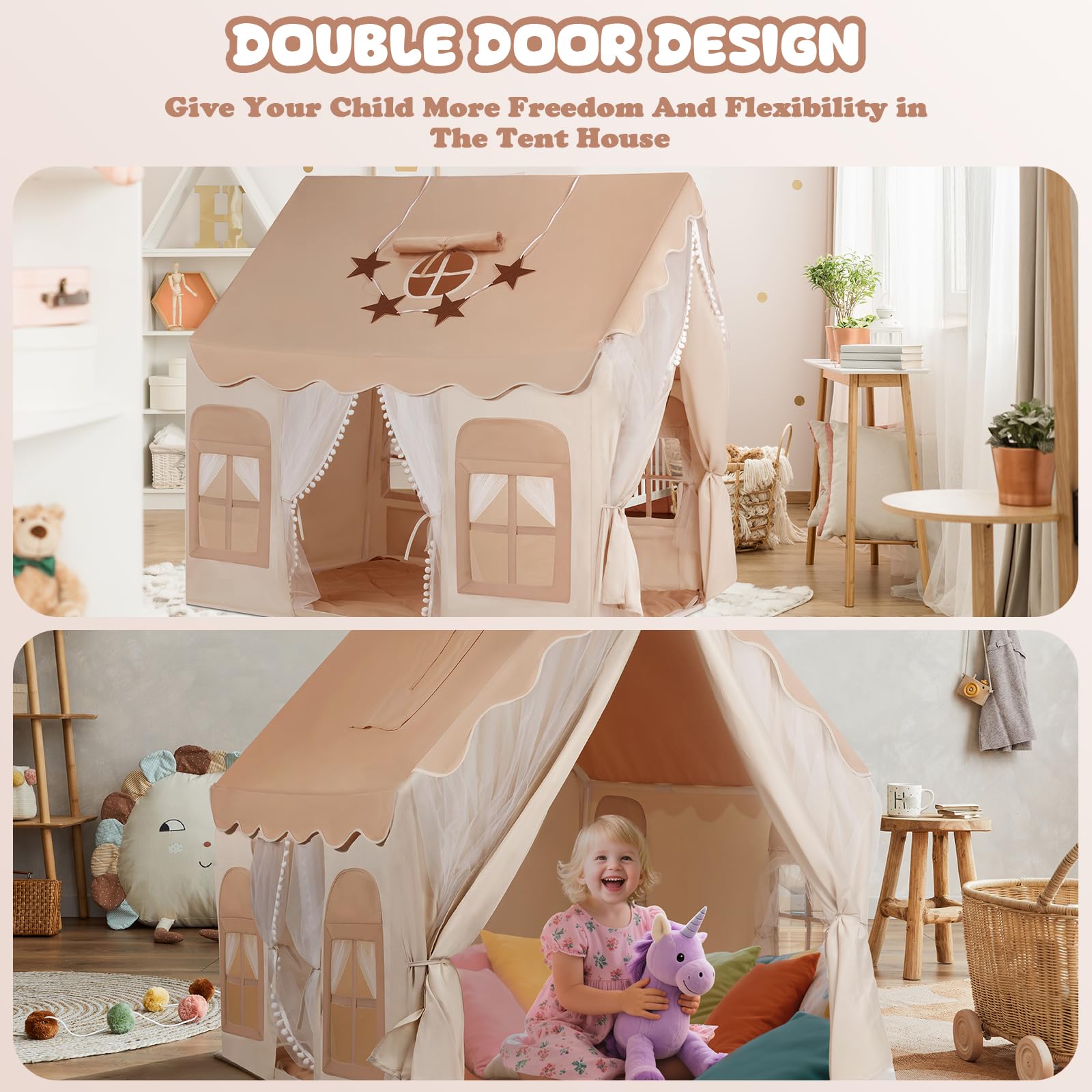 snookids Tienda para niños - Casa de Juego Interior con Alfombra, Luces, Colgantes de arcoíris y Bandera Estrellas, Tienda Juego para la decoración de la habitación niños y niñas