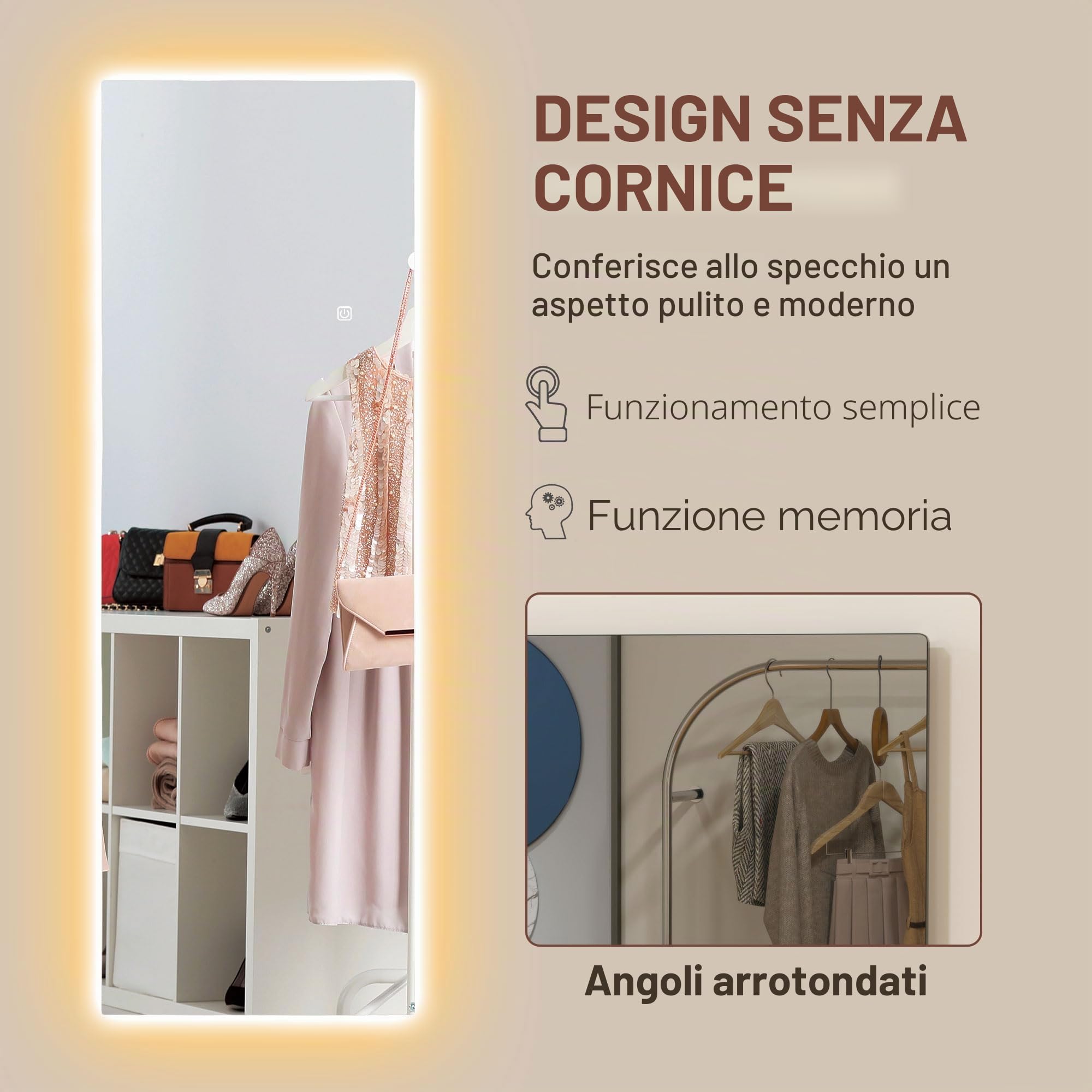 HOMCOM Specchio a tutta lunghezza con LED 40x120 cm Trasparente