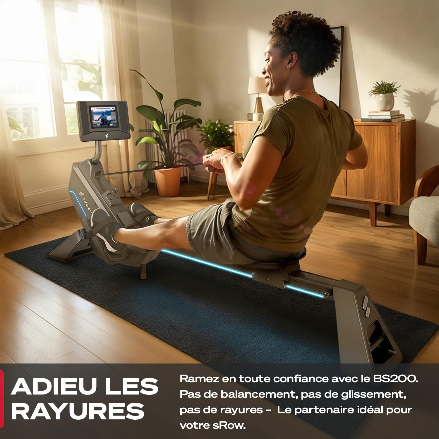 Rameur Premium Sportstech pour la Maison avec écran Tactile, avec 1 an d'App STL Incluse, Marque Allemande, appli avec Cours & entraînements, rameur Pliable avec Technologie LED, sRow