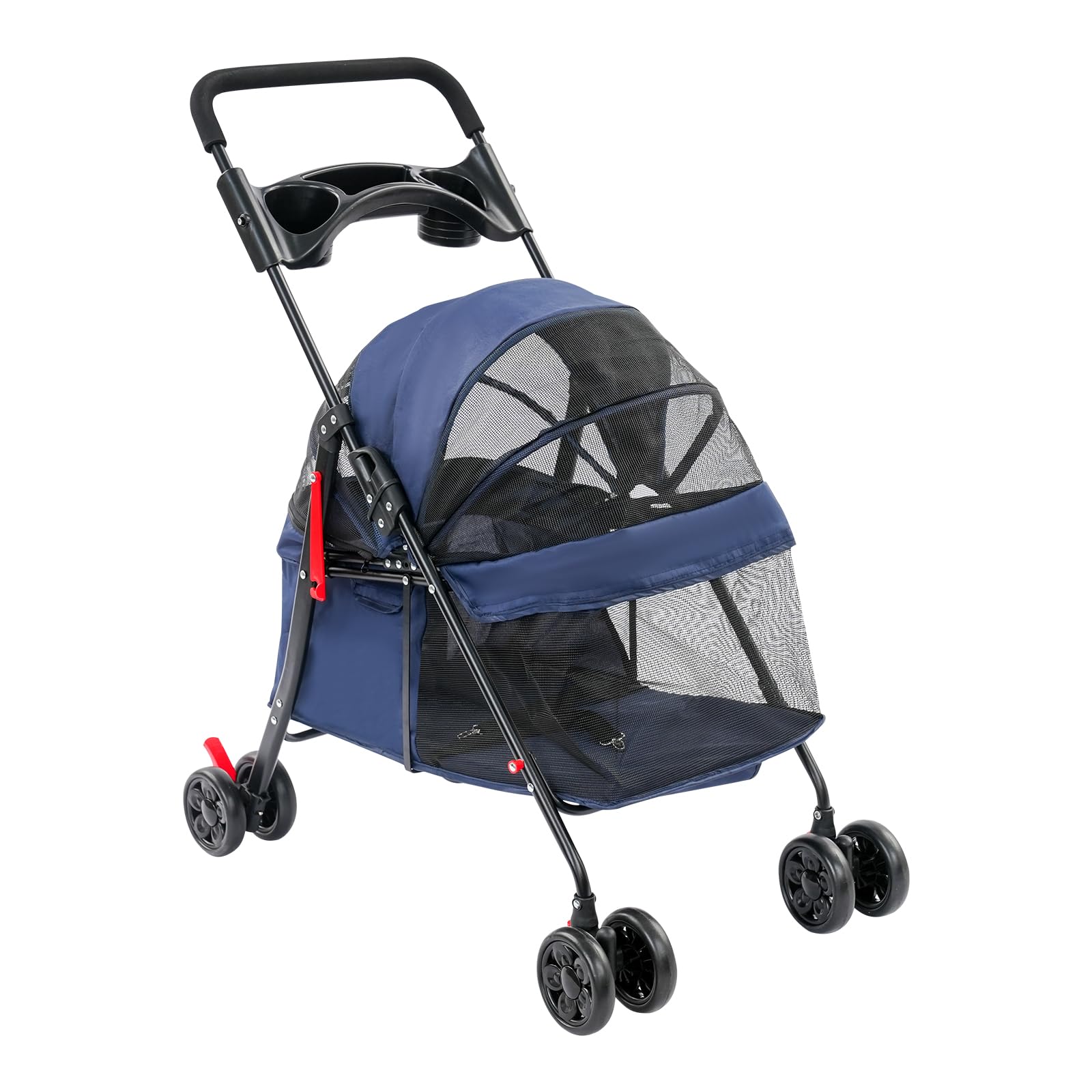 Carrito para perros de hasta 18 kg, plegable ligero y portátil, para perros pequeños y medianos, diseño de malla transpirable, con soporte para bebidas y freno de estacionamiento (azul marino)