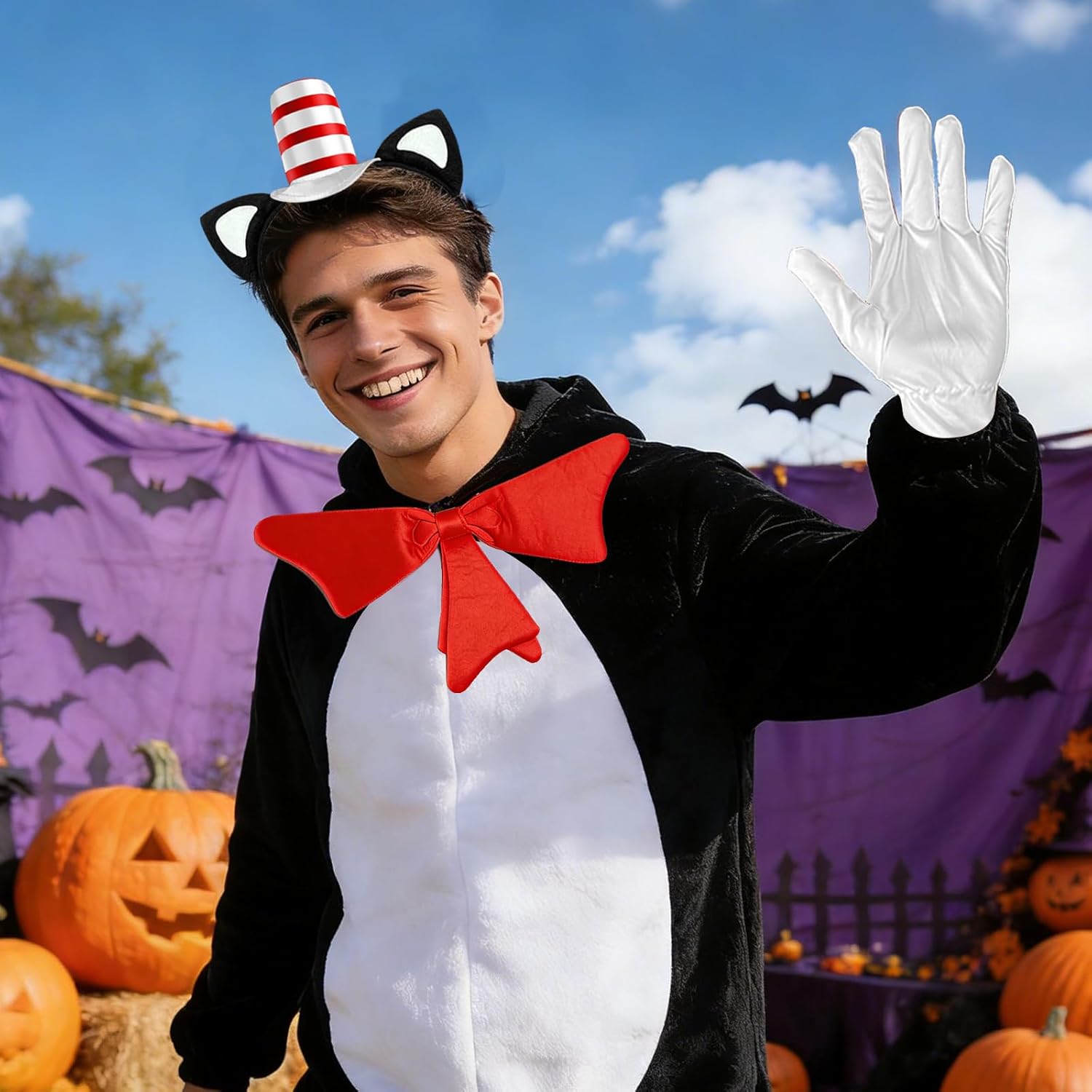 Book Character Costume Accessories Set, Cat Ears Headband with Red and White Stovepipe Hat, Red Bow Tie, White Gloves for Dress Up, Halloween, Cosplay - Image 5