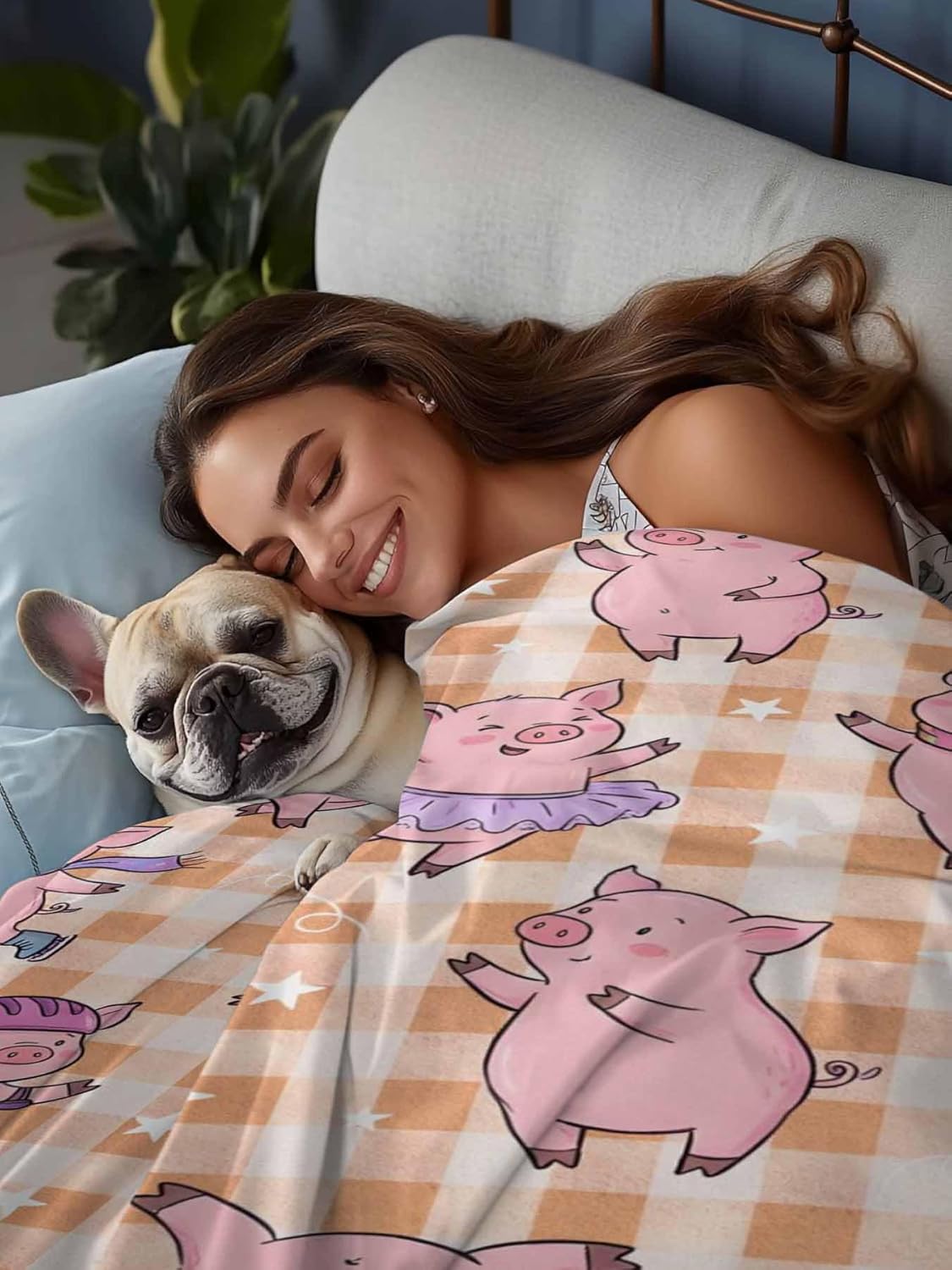 King Size Flat Sheet Only, Children's Day Cute Cartoon Pink Pig Bed Top Sheet Soft Microfiber Breathable Bedding Flat Sheets, Yellow Buffalo Plaid Top Sheets Hotel Luxury