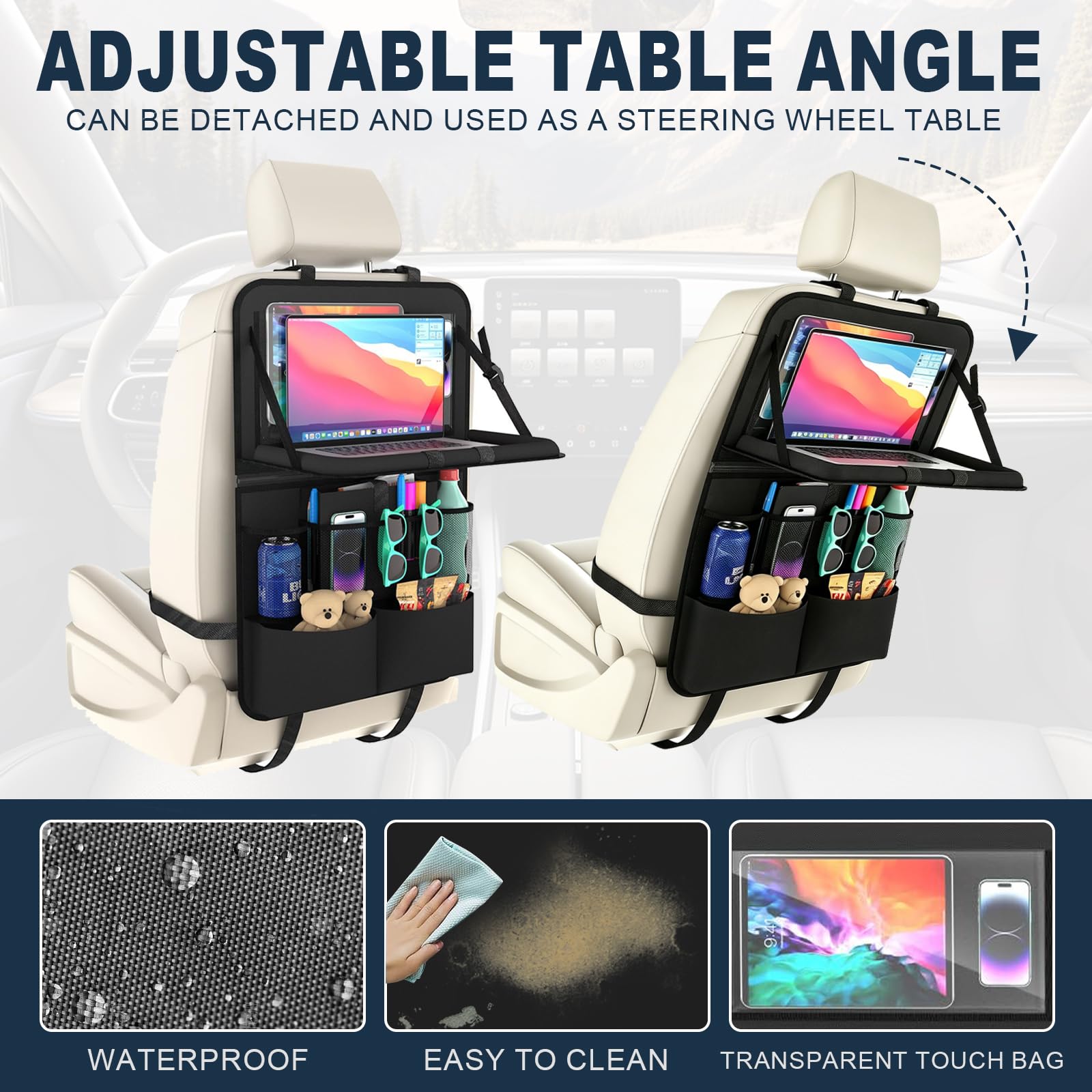 Auto Organizer mit abnehmbarem Klapptisch 62x42cm Rücksitz Organizer 11 Taschen Touchscreen-Fach Wasserdichter Rückenlehnenschutz