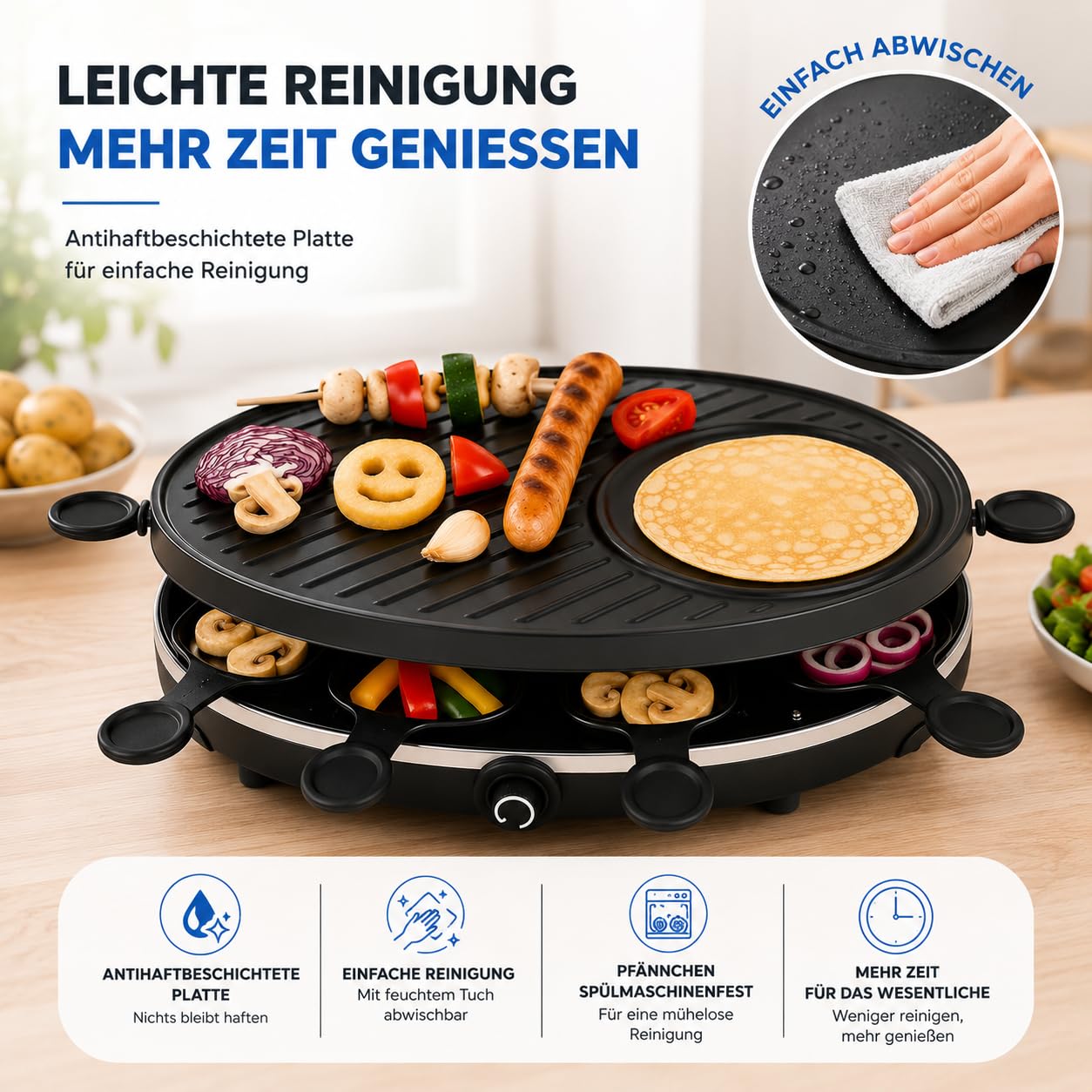 Set de raclette pour 8 personnes - Gril ovale - Avec fonction crêpes - Barbecue de table avec poêlons et grattoirs - ROND (TK49304)