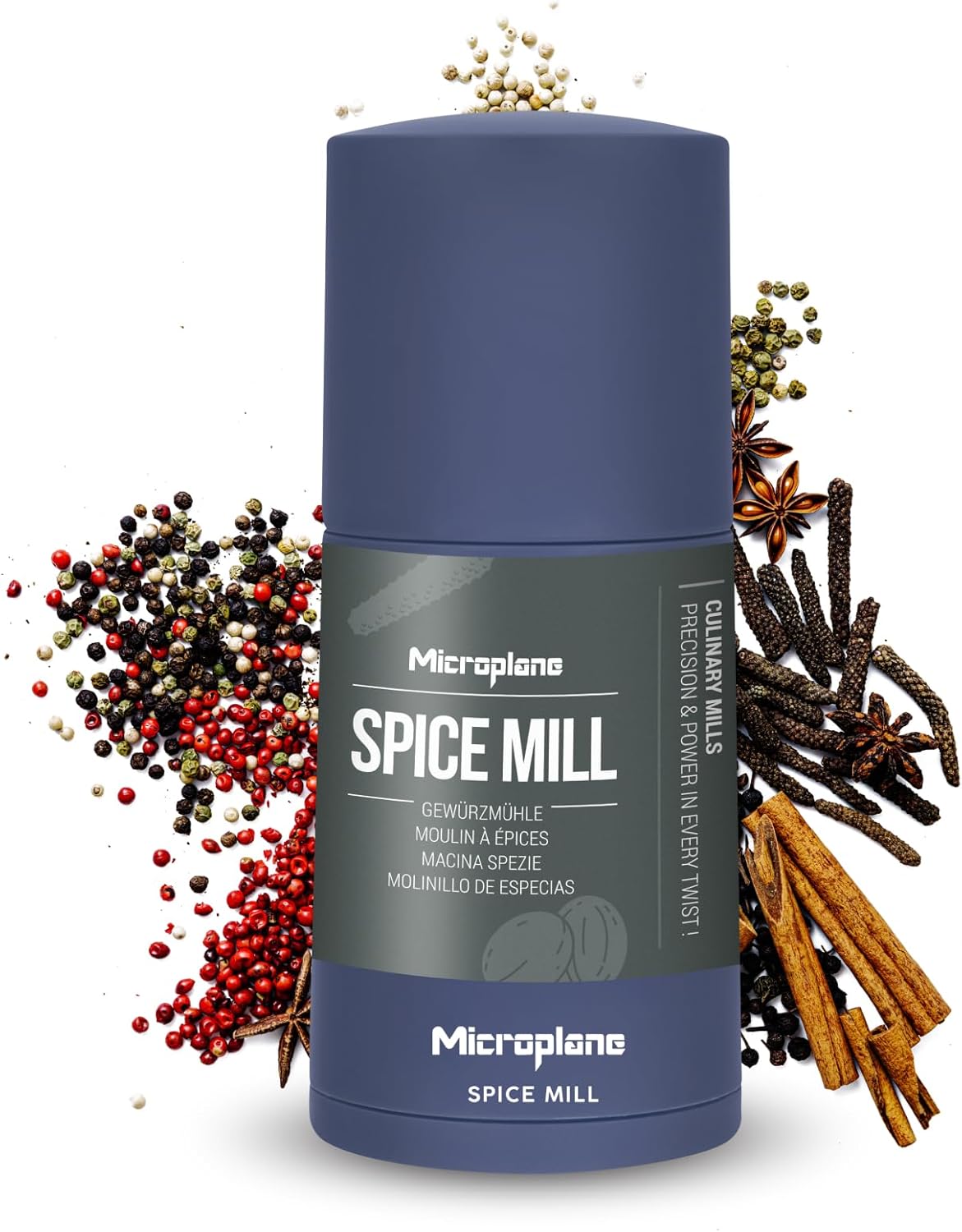 Microplane Spice Mill 2-in-1 - Denim Blue | Manual Mill with Razor Sharp Stainless Steel Blade | Grates Nutmeg, Cinnamon, Tonka Bean, Long Pepper, Nuts & More