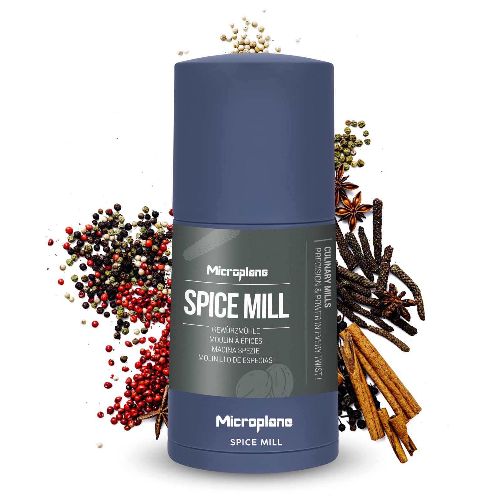 Microplane Denim Blue Spice Mill 2In1 – | Manual Spice Mill With Ultra-Sharp Stainless-Steel Blade | Grates Nutmeg, Cinnamon, Tonka Bean, Indian Long Pepper, Nuts & More | Airtight Storage