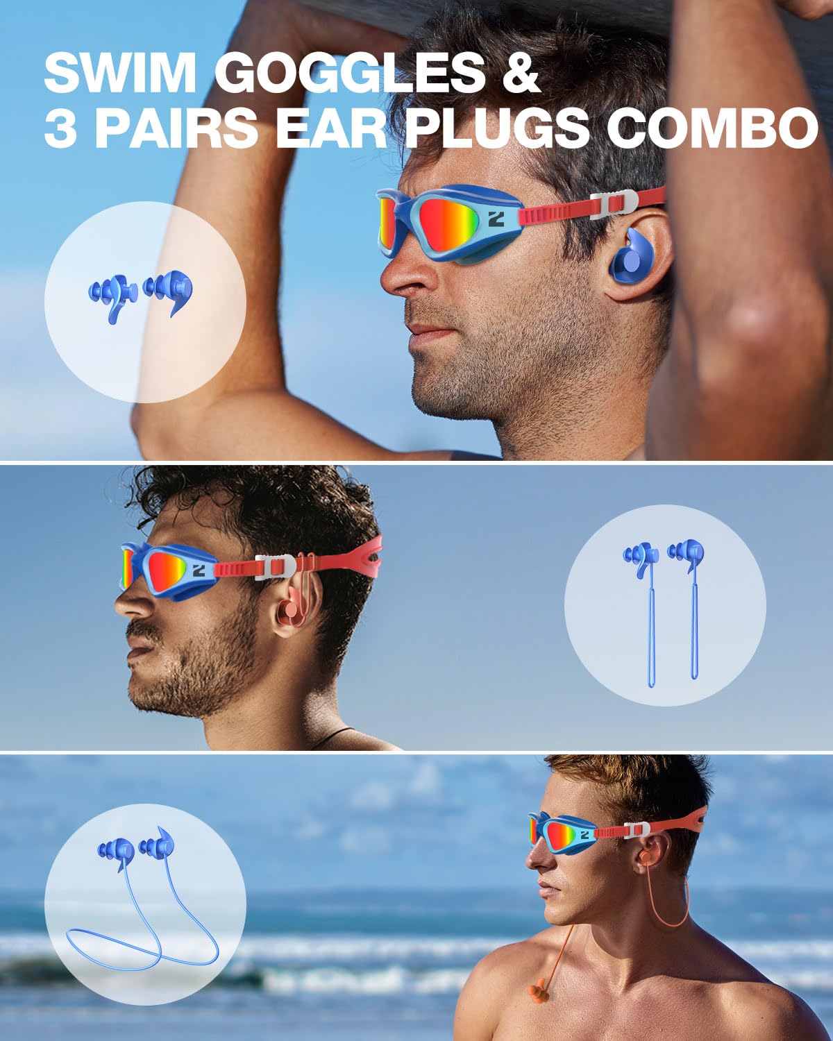 ZIONOR G1 Lite - Gafas de natación polarizadas con 3 pares de tapones para los oídos, protección UV antivaho, gafas de natación para adultos, hombres, mujeres y jóvenes