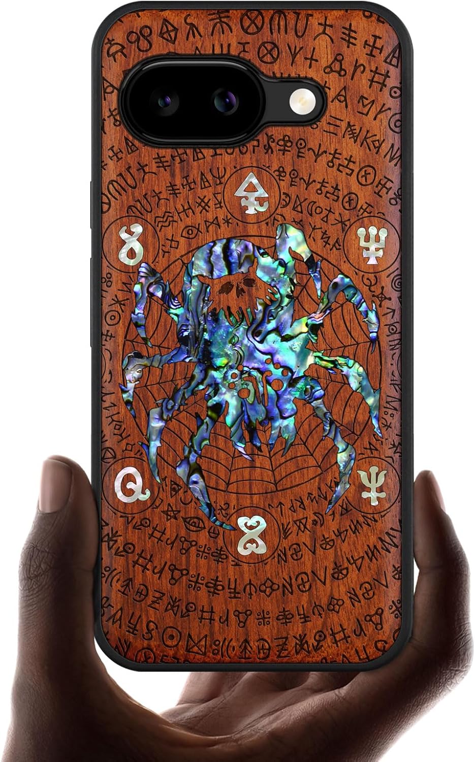 Carveit Magnetic Wooden Case for Google Pixel 9a Case, Wood Artisan Engraved & Handmade Shell Inlaid, Compatible with MagSafe Wireless Chargers (Spider Amidst Mystical Runes) Rosy