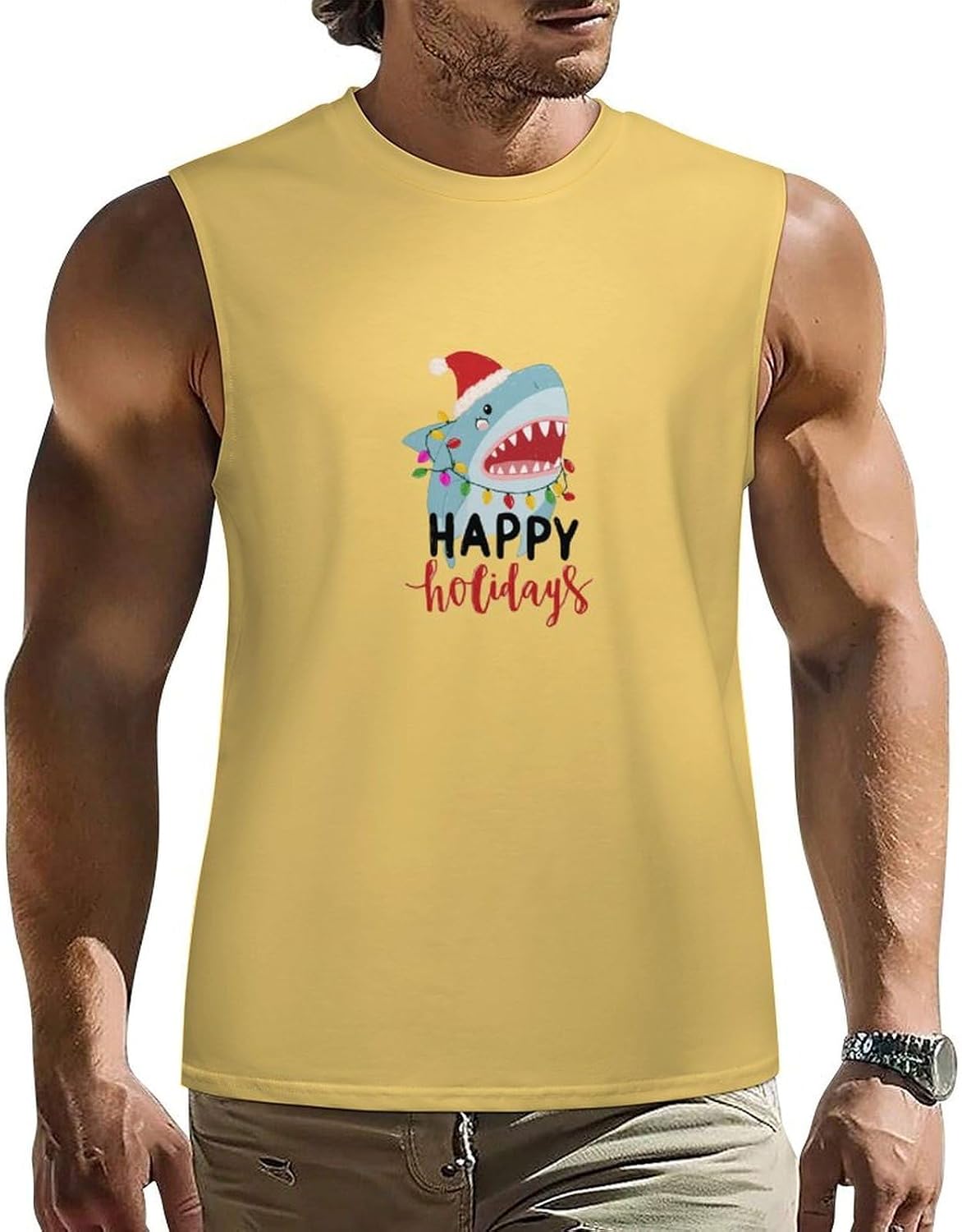 Christmas Shark Happy Holidays Men Summer Sleeveless Crew Neck Top 5XL