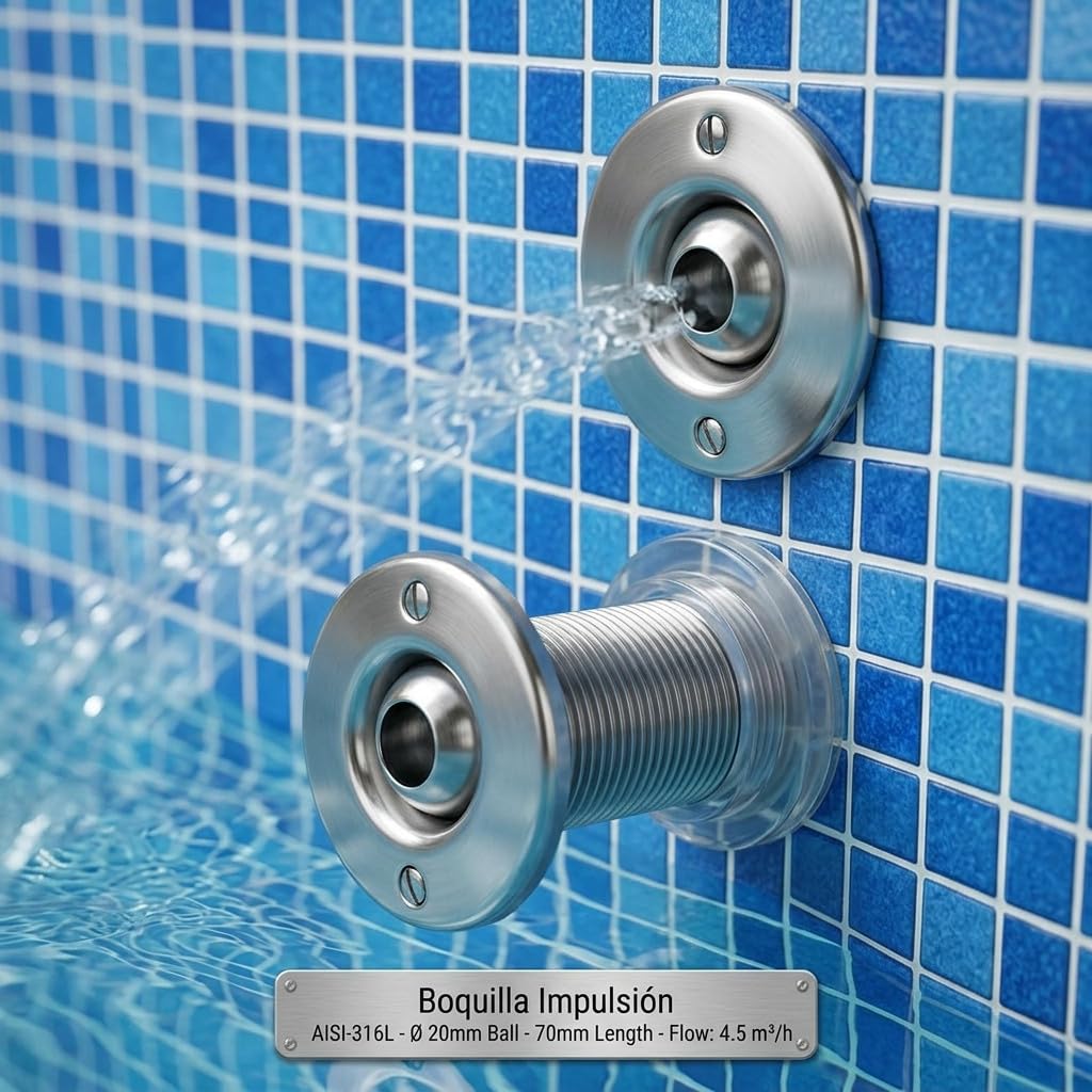Suinga Boquilla de Impulsion Acero INOX Ø 20 mm | Longitud 70 mm para Piscina | Alta Eficiencia en Circulacion del Agua | Resistente a la Corrosion