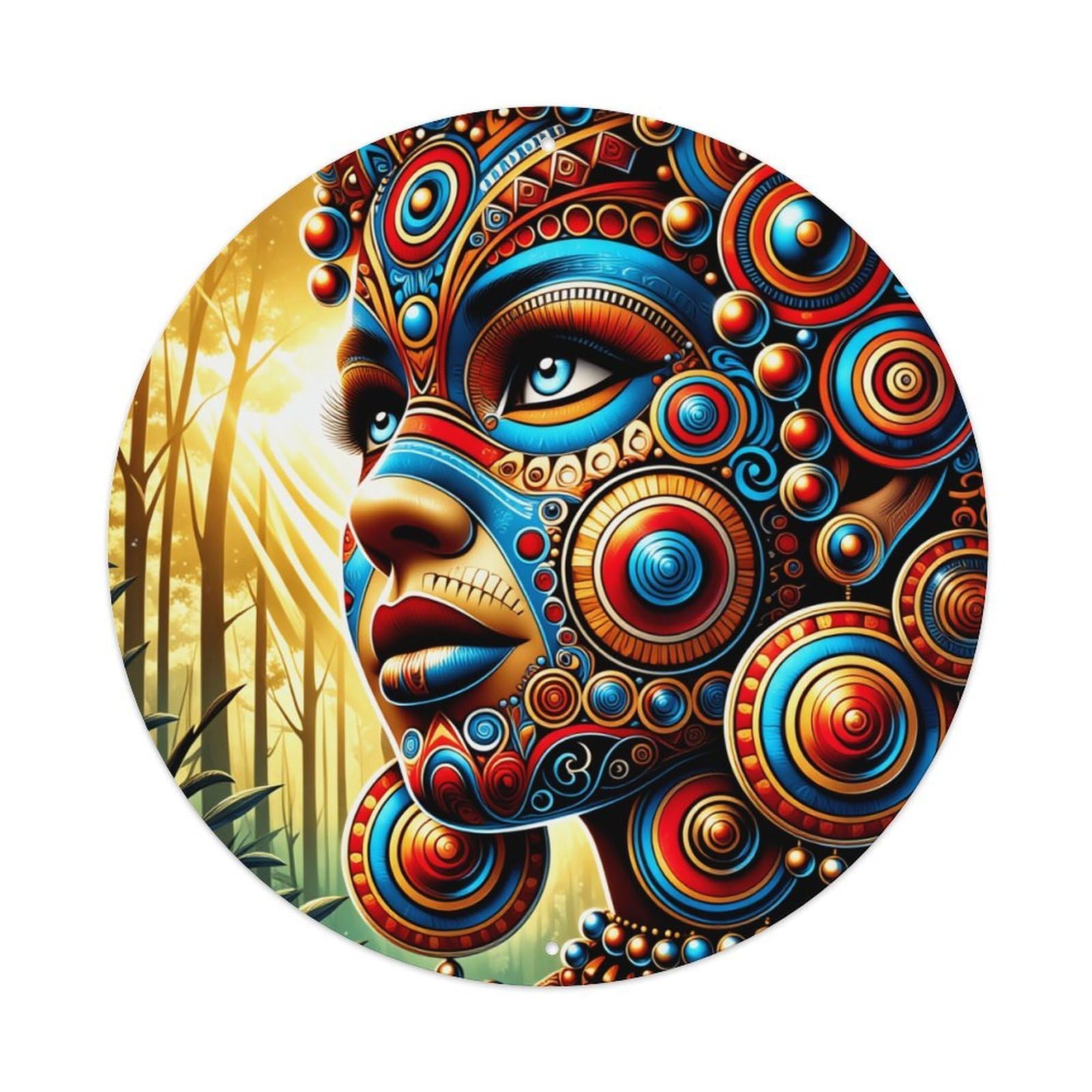 Colorful Geometric Tribal Art Design Round Tin Sign Vintage Metal Poster, Home Bar Garage Man Cave Cafe Indoor & Outdoor Wall Decoration 8x8Inches