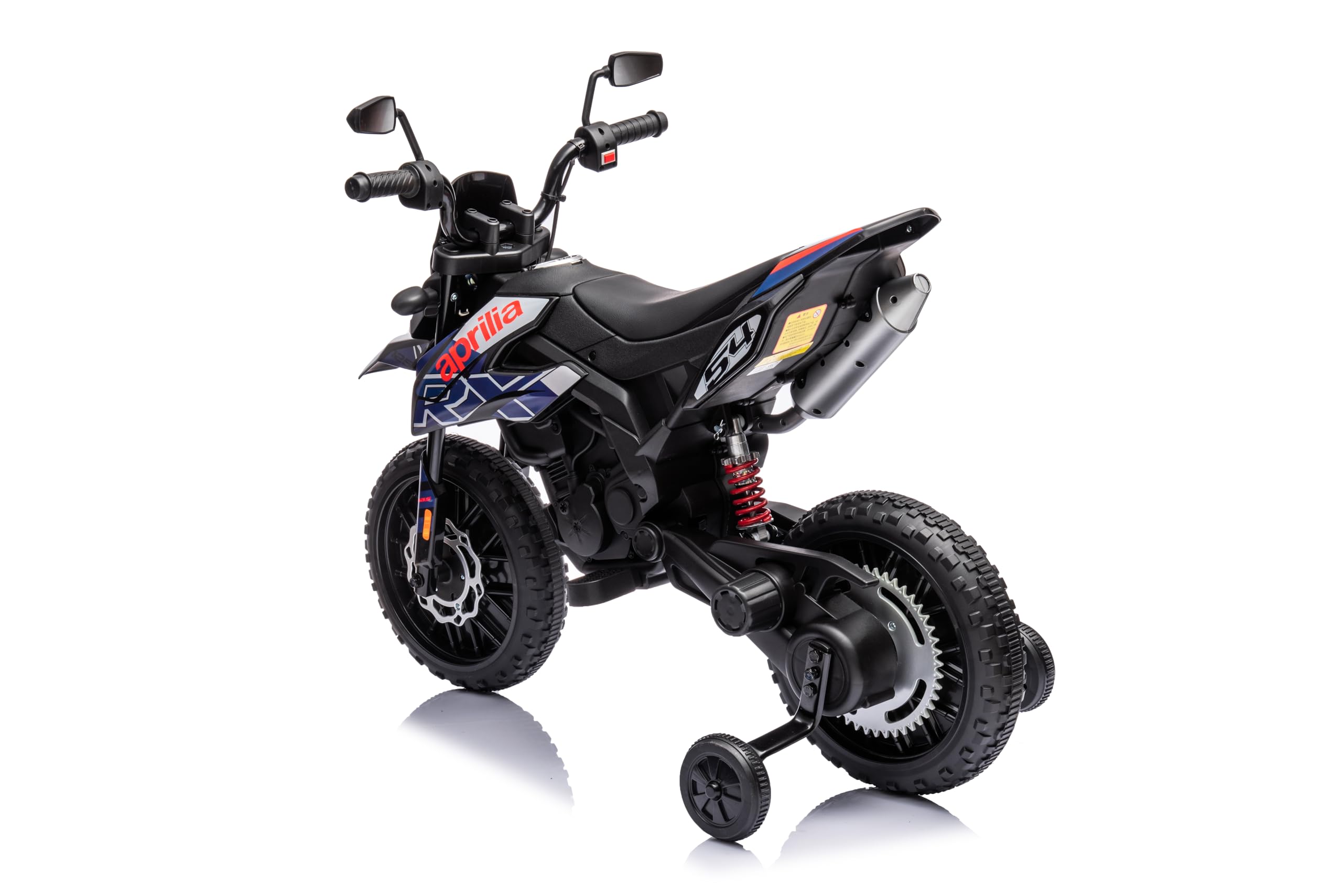 Moto elettrica per bambini 12 V Aprilia RX 125 Cross a batteria per bambini blu con sospensione posteriore luci LED e musica