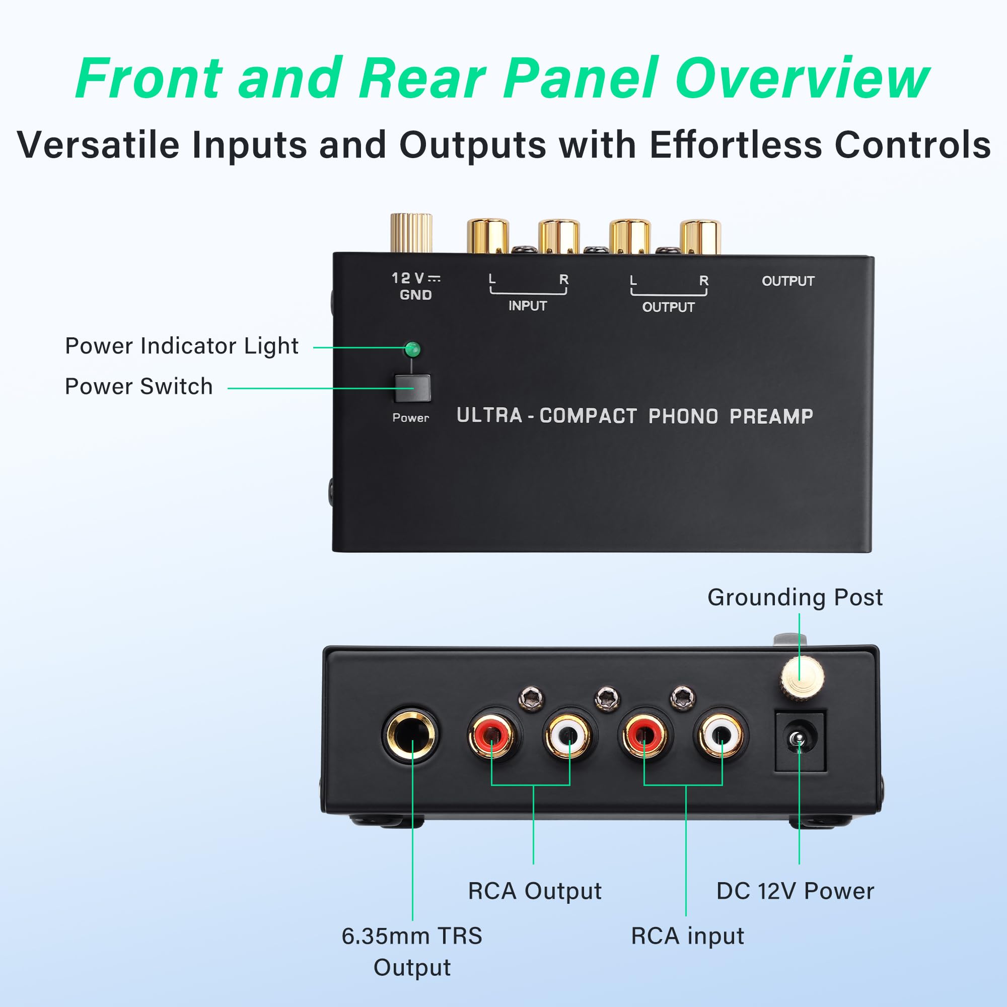 SinLoon PP400P Phono Preamp z podwójnym wyjściem RCA i ¼ cala, przełącznik zasilania, niski poziom szumów, czarny