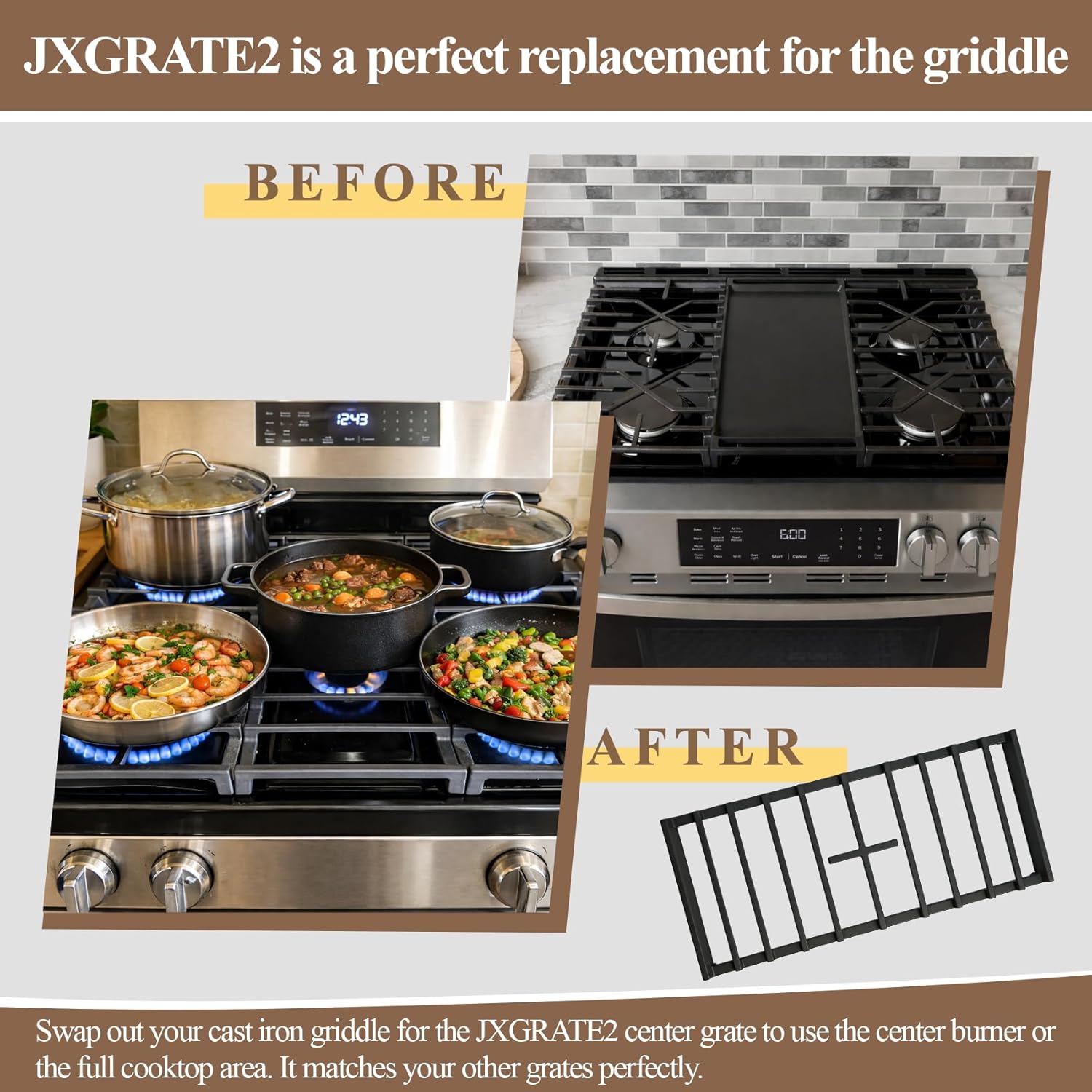 JXGRATE2 Gas Range Center Cast Iron Gra, Middle Stove Grate for GE Stoven Grate GGF600AVSS, GGS600AVFS, GGS500SVSS, GGS60LAVFS, GGS600AVWW, GGF500PVSS, GGF600AVBB GGF600AVES etc.(some models, not all)