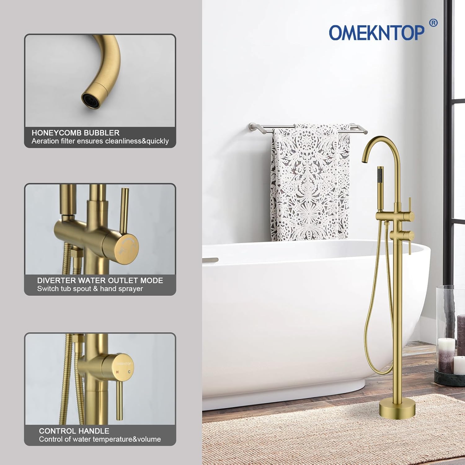 Modern Freestanding Tub Faucet with 360 Swivel Gooseneck Spout and Handheld Shower, Gold Floor Mount Tub Filler - Image 2