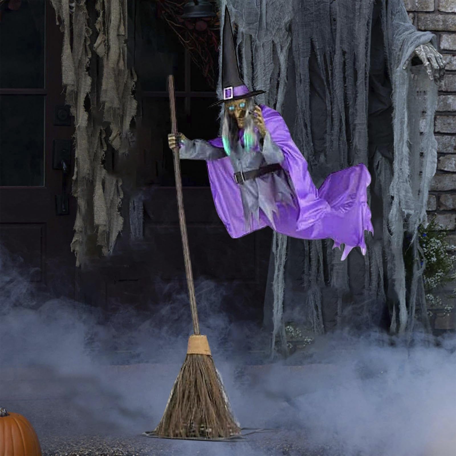 Fliegende Hexe Auf BesenHalloween, Animatronic Halloween Figuren mit Gruseligem Sound und Lichtern für Outdoor Deko