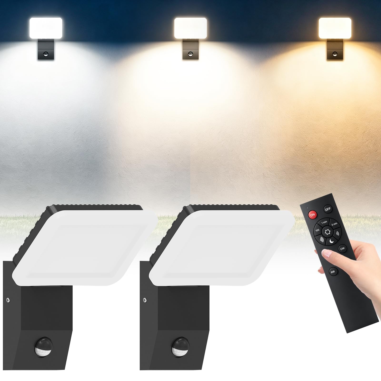 Applique da Esterno LED con Sensore di Movimento 32W 2 Pezzi,3000K/4000K/6500K Lampada Parete Esterno,3200LM LED Luce Esterna con Telecomando & Panel Rotazione,Applique per Veranda,Garage,Terrazzo