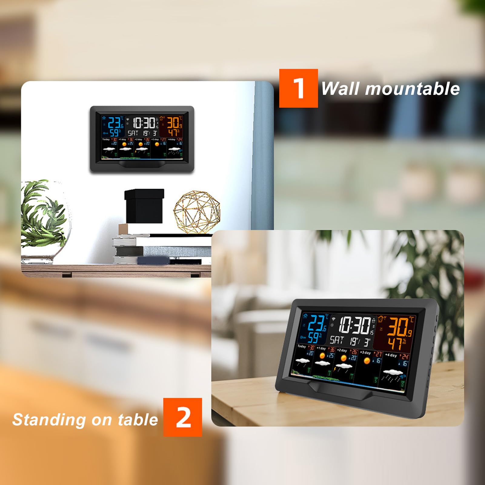 Buachois Horloge météo Intelligente, thermomètre météo numérique pour la Maison, thermomètre météo numérique à Affichage Couleur avec Pression barométrique, alarmes de Vent et de Gel,