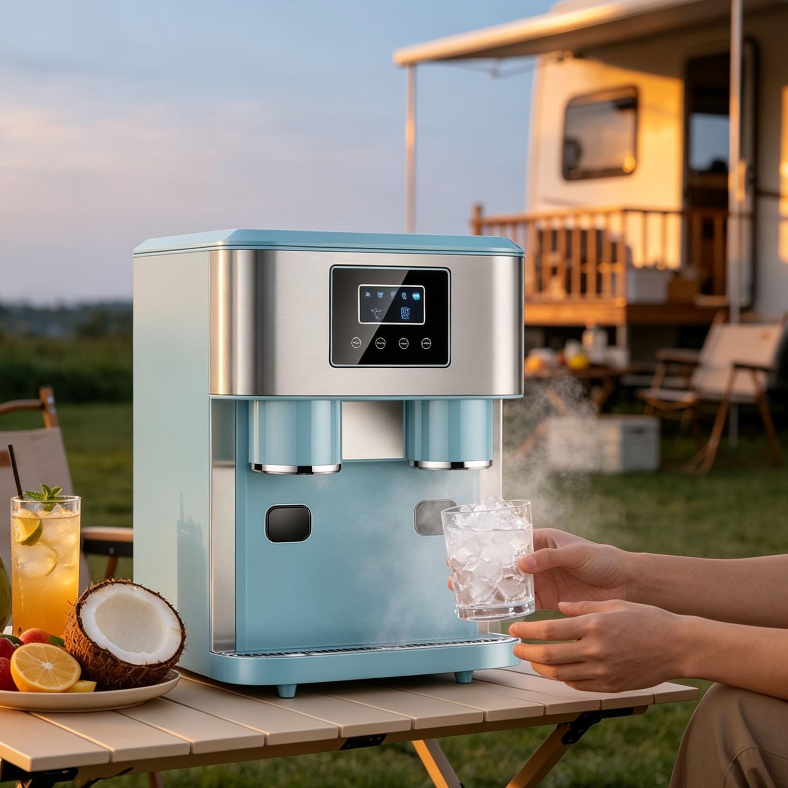 Máquina de hielo for encimera 3 en 1, acero inoxidable | Con ventana de visualización, produce cubitos de hielo, hielo triturado y agua fría, ciclo de 8 a 12 minutos.(Blue)