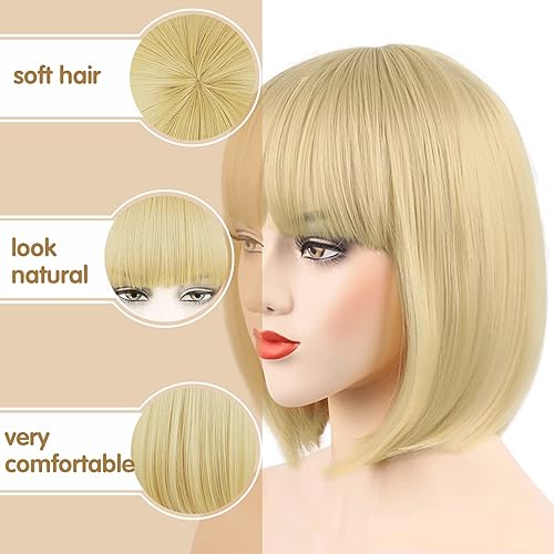 Miniatura 3 de Peluca Bob con flequillo, pelucas rosas de 12 pulgadas para mujer, pelucas cortas de aspecto natural con flequillo, peluca Bob súper linda fácil de