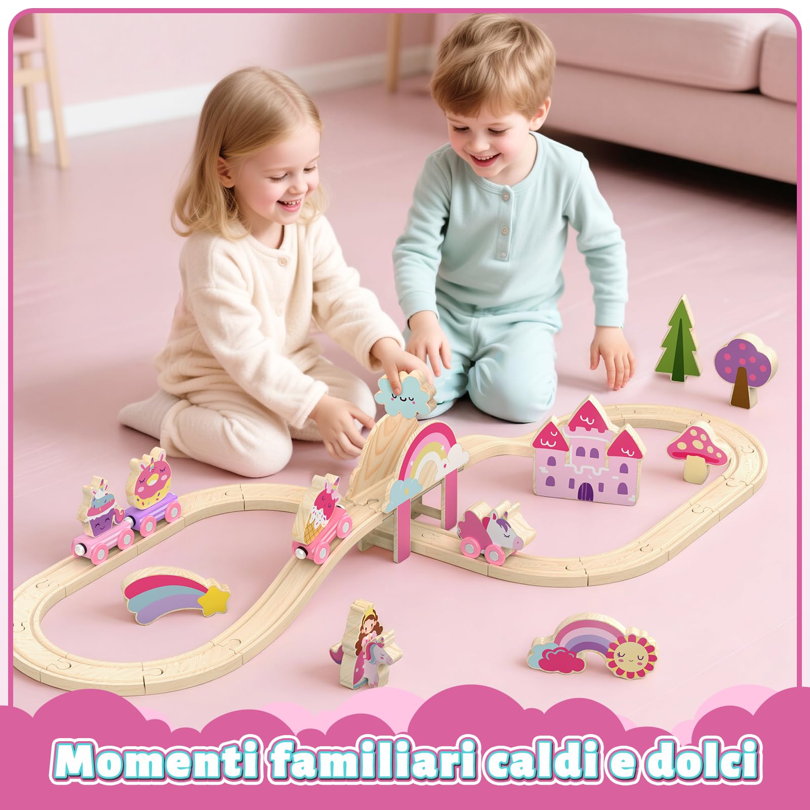 Lehoo Castle Trenino Legno, Pista in Legno per Bambini, Unicorno Bambina Regalo, Trenino Giocattolo