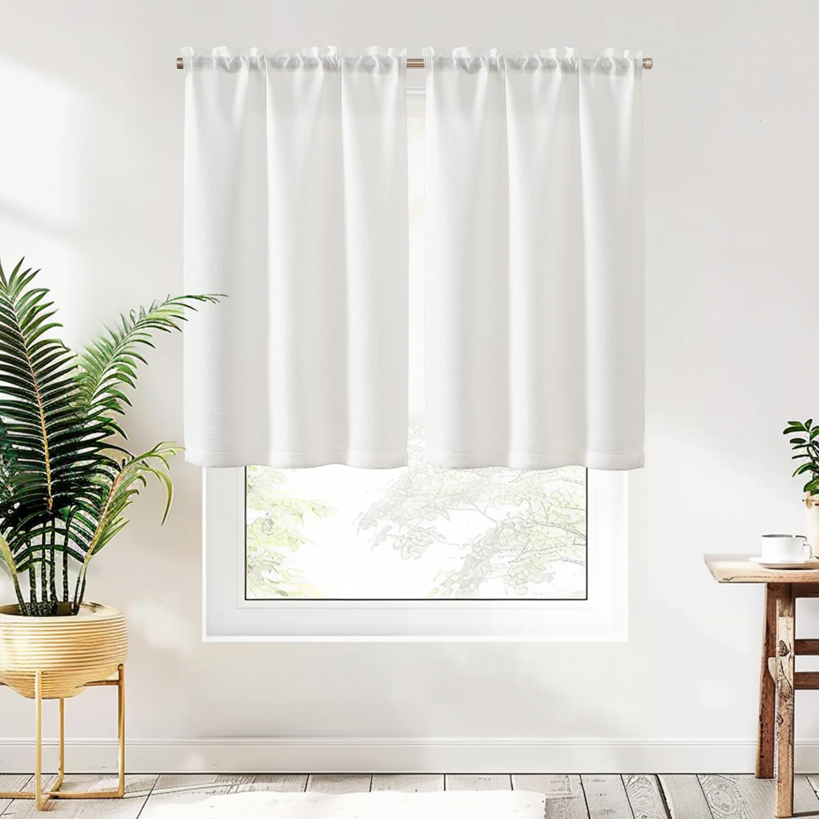 TOPICK Tende Passante tenda da bistrot porta finestra balcone stile country roulotte 2 pezzi corte Filtro della luce rustiche soggiorno doccia tenda per interni 90L x 90A cm, Bianco