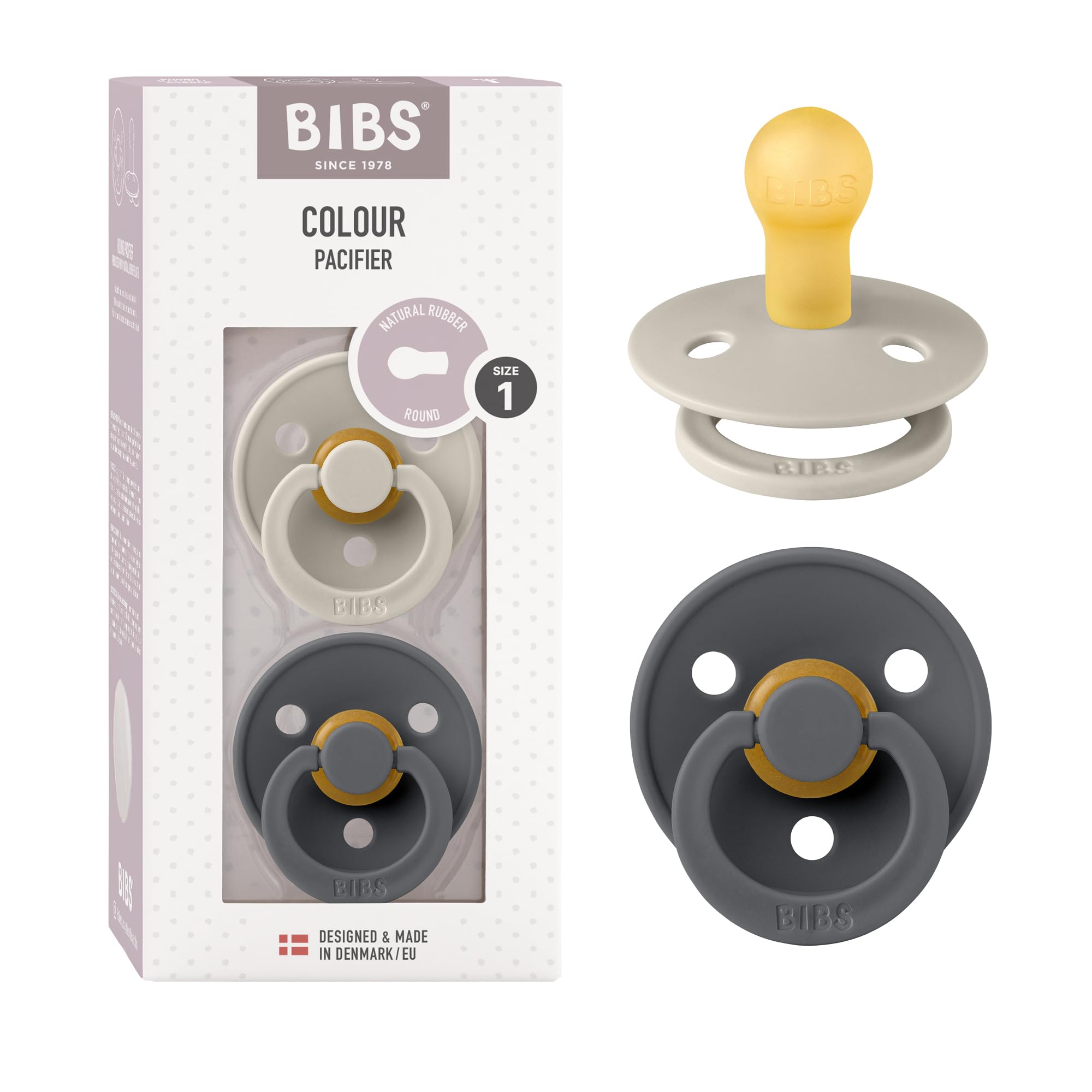 BIBS Colour Natural Rubber Baby Pacifier - Round & Soft Nipple, Gentle Shield Prevents Skin Irritation & Moisture Buildup, 100% Food Grade, BPA Free Soother, 0-6 Months, Pack of 2, Sand & Iron-image-21