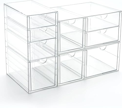 Miniatura 9 de Prsildan Organizador de maquillaje de acrílico con 9 cajones, juego de 3 organizadores de escritorio de oficina, cajones de almacenamiento apilables