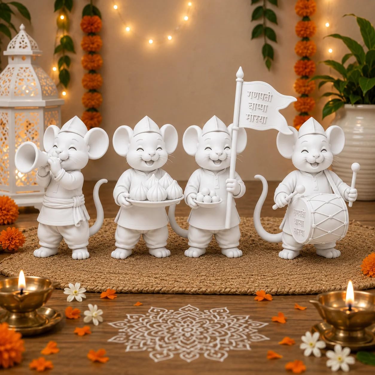 3D Printed White Mushak Idol Set for Ganpati Decoration, 4 Piece-picture-12