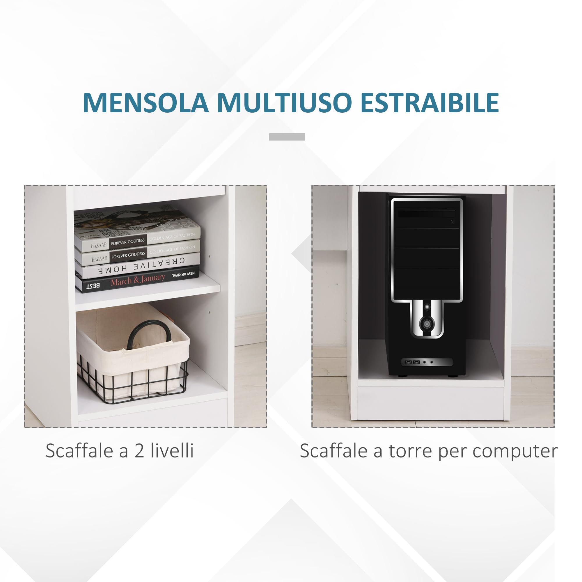 HOMCOM Scrivania per Computer Compatta, Scrivania PC Fisso in Legno Bianco con Ripiano Tastiera Estraibile e Mensole 104x48x95.5cm