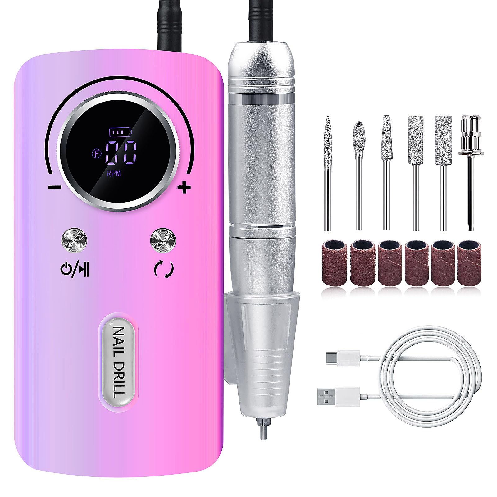 Torno Eléctrico para Uñas, 45000RPM Taladro para Uñas, Lima de Uñas Eléctrica Recargable, Drill para Uñas Profesional, con 6 Drill y Bandas de Lijado, para Acrílicos/Geles/Uñas Naturales