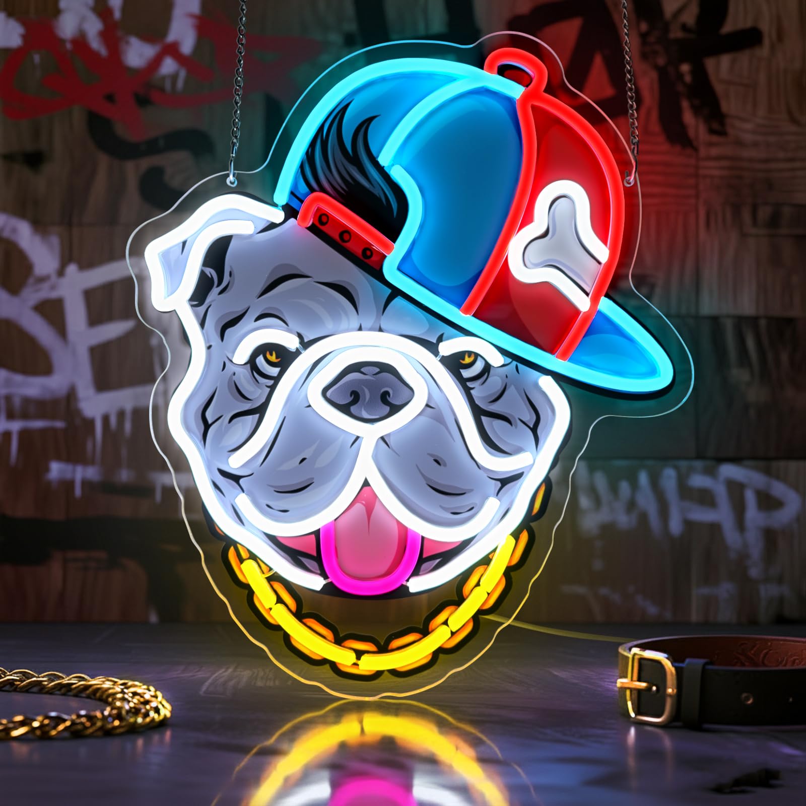 GGAQQ Cool Bulldog Neon Sign for Wall Decor, Bulldog with Baseball Cap UV LED Neon Light Hanging Sign USB Powered with Dimmable Switch for Teen Boys Girls Bedroom Playroom Living Room
