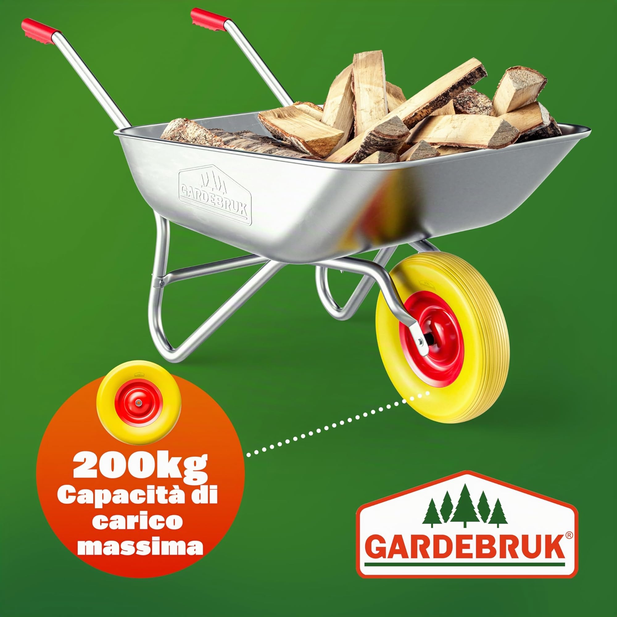 Gardebruk Ruota per carriola in PU Gomma piena Antiforatura 4.80/4.00-8 Ø 390 mm 200 kg Include Asse Pneumatico Ruota di ricambio