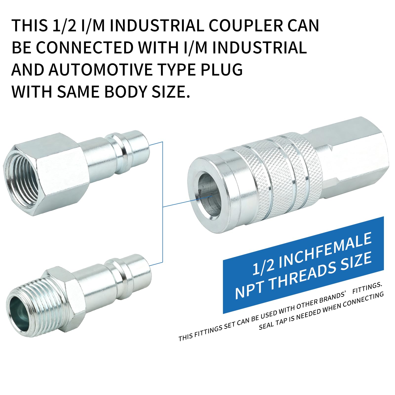 Confezione da 5 accoppiatori d'aria industriali I/M da 1/2 pollice con FNPT da 1/2 pollici, ad alto flusso in acciaio per compressore d'aria ad alto flusso, raccordi femmina NPT pneumatici per garage
