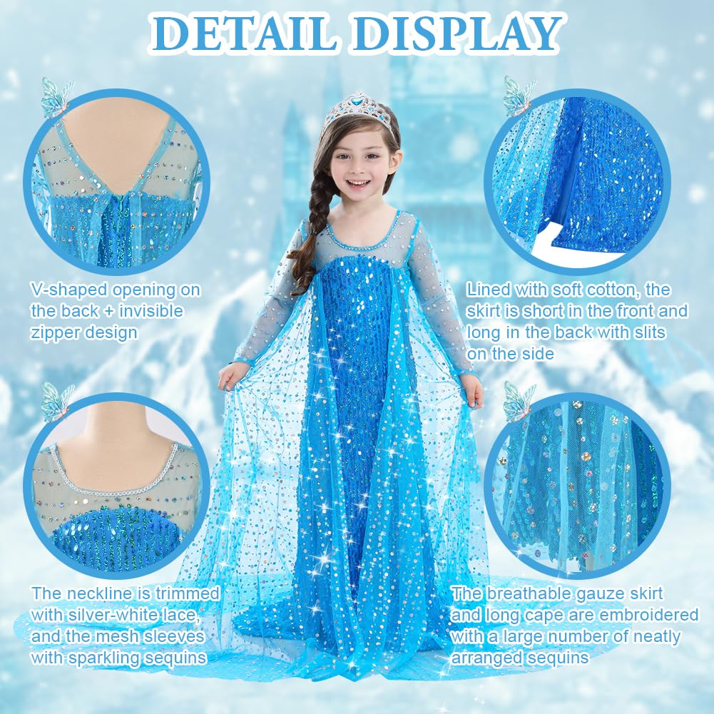 ACWOO Costume Elsa, costume da principessa bambina con accessori per corona e bacchetta di Elsa, abiti principessa Elsa con paillettes lussuose, costume bambina Halloween Cosplay compleanno carnevale