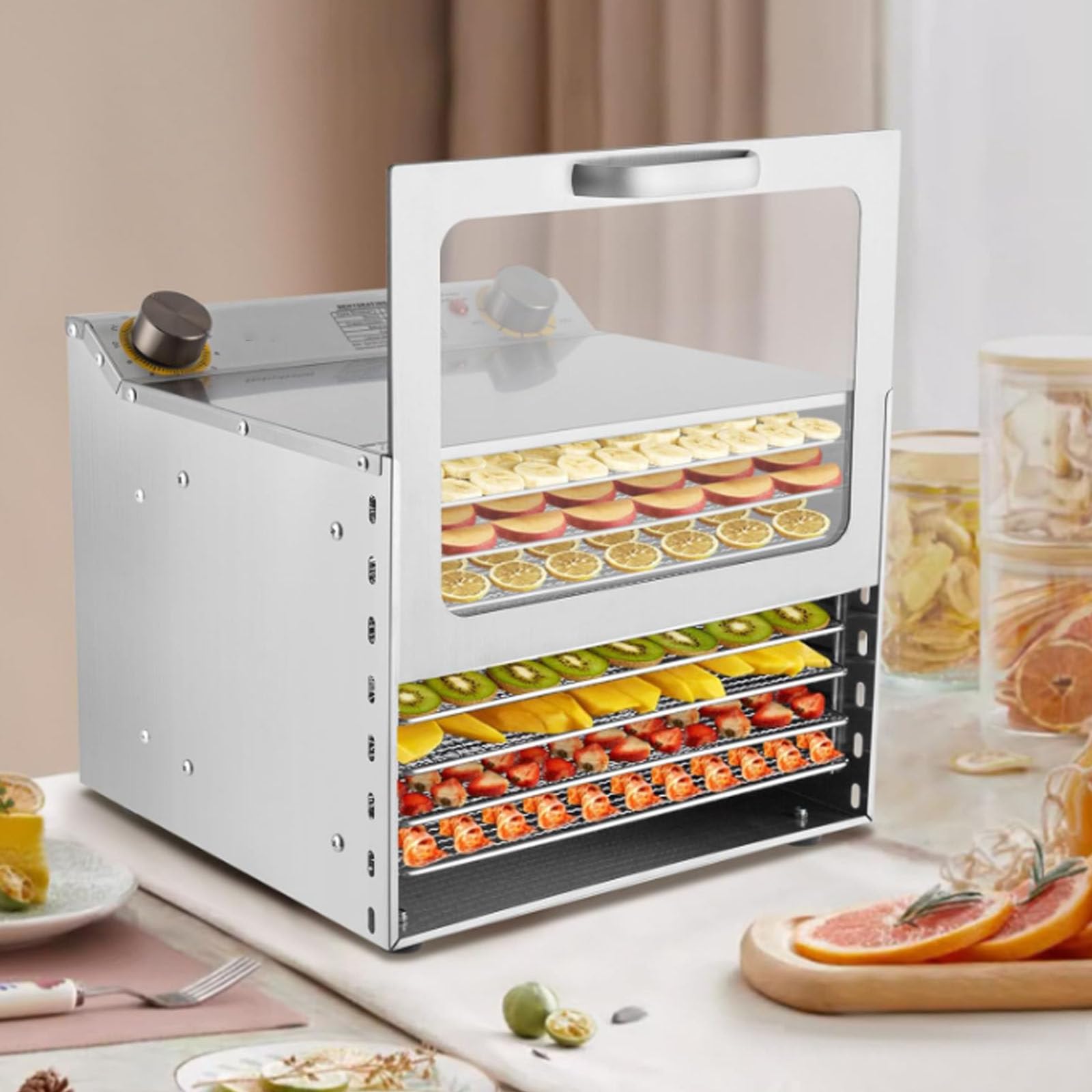 Suszarka do żywności ze stali nierdzewnej 6/8 warstw - 400 W suszarka do owoców i warzyw, suszarka do grzybów - kontrola temperatury i timer - łatwa do czyszczenia,8Layer