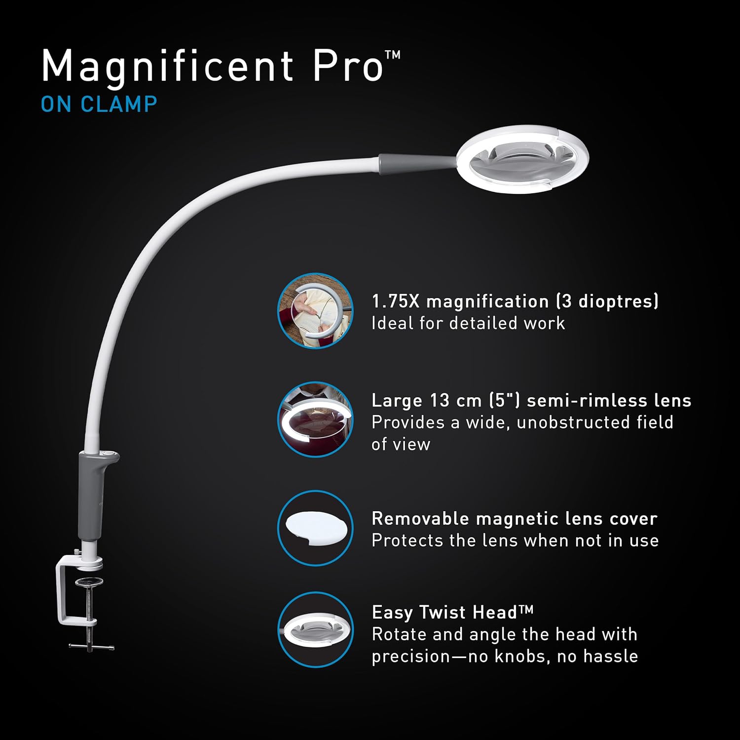 Daylight Magnificent Pro™ LED Magnifying Lamp with Clamp – 2-in-1 Task Light & Magnifier, 5,500 Lux at 6", 5" 1.75X Lens, 3 Brightness Levels, Flexible 26" Arm, 95+ CRI, Easy Twist Head – White/Grey - Image 4