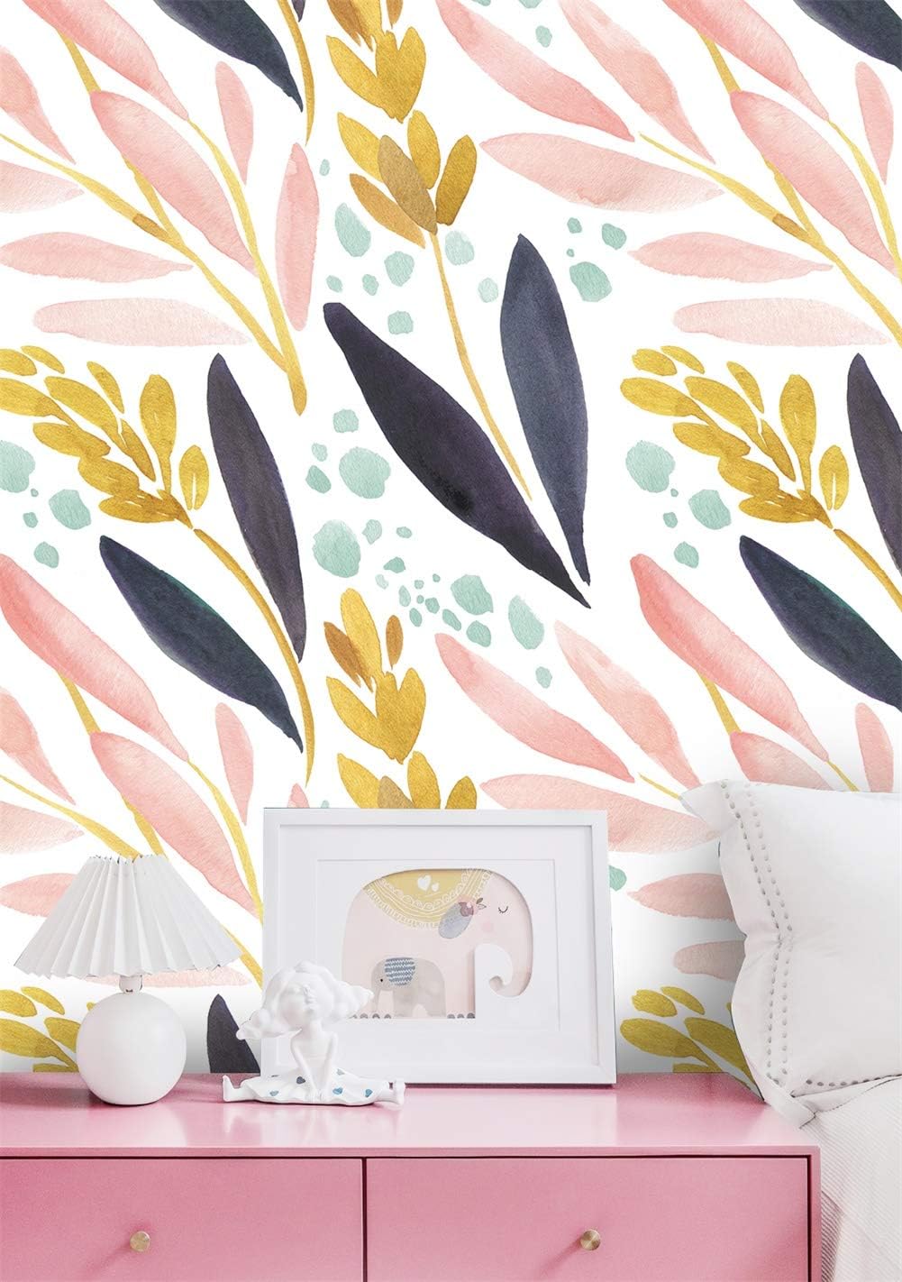 HAOKHOME Watercolor Forest Peel and Stick Wallpaper Removable White/Pink/Navy/Yellow Floral Vinyl Self Adhesive Shelf Liner 17.7in x 9.8ft