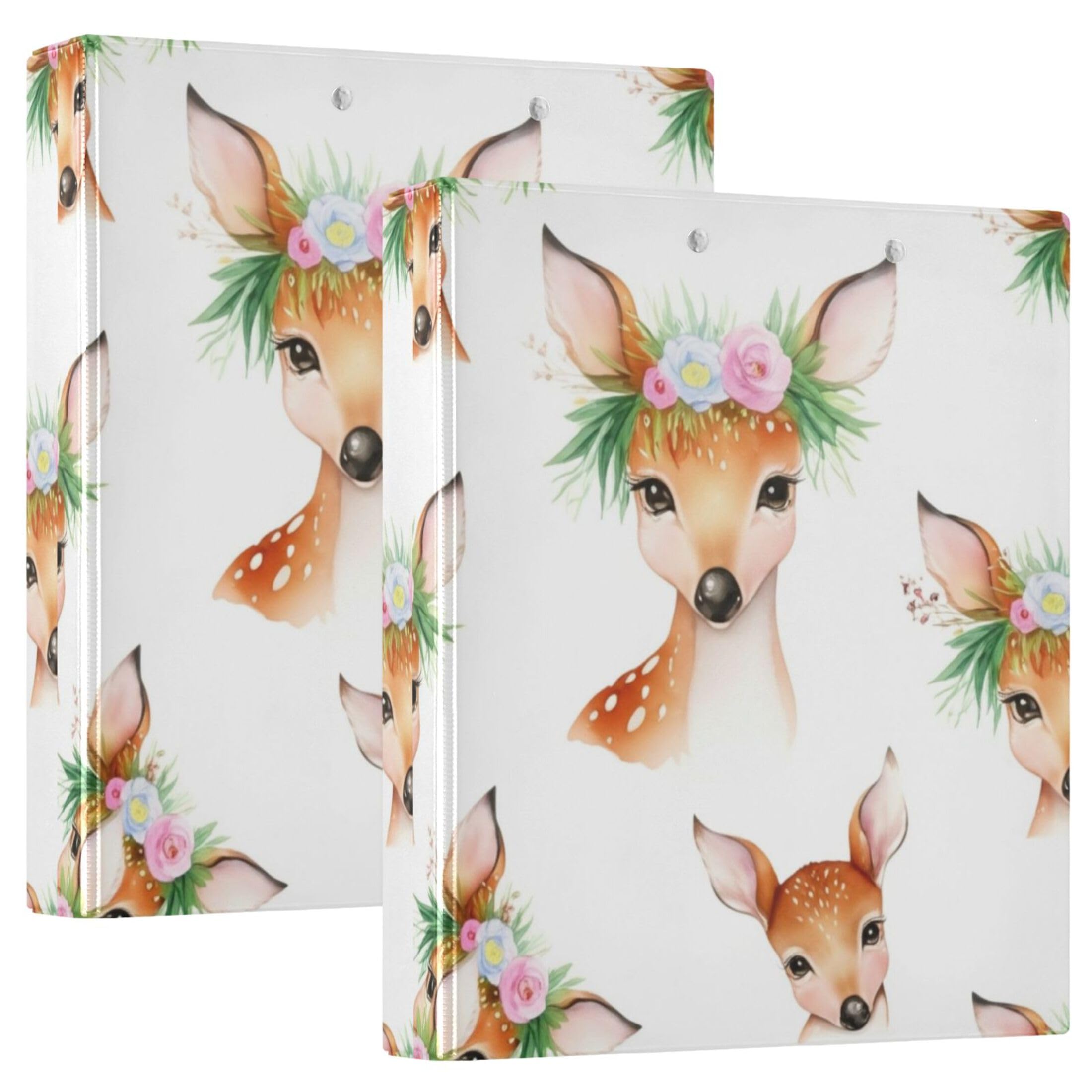 Lot de 2 classeurs personnalisés avec oreilles de cerf et fleurs blanches de 3,8 cm, 3 anneaux pour 200 feuilles, 31,5 x 27 x 6 cm