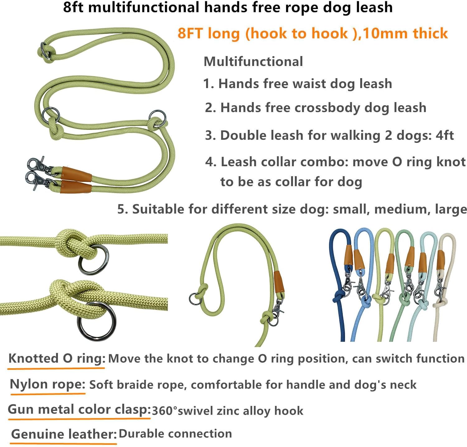 8FT Hands Free Dog Rope Leash, Waist Body Running Leash for Dog Walking (Lime Green, 8FTx10MM)